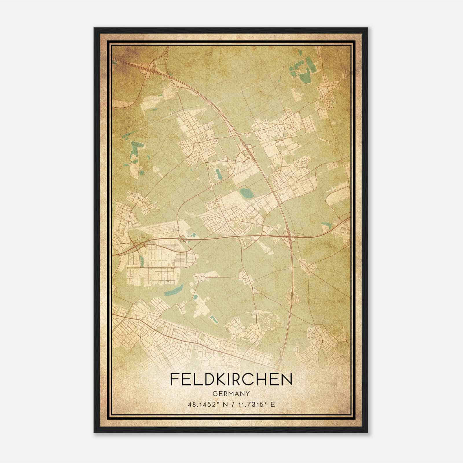 Vintage Feldkirchen Germany Map Poster, Feldkirchen City Road Wall Art Print