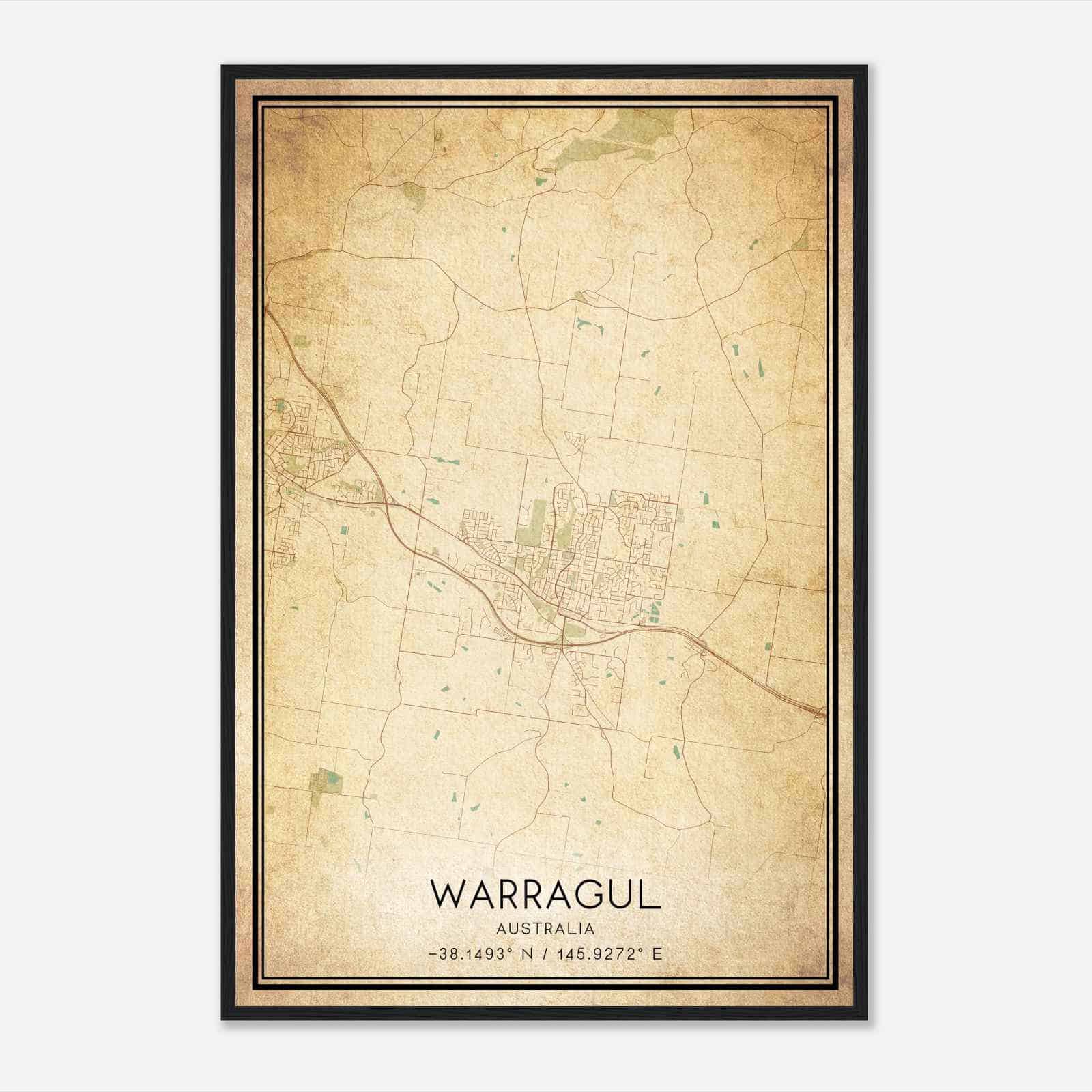 Vintage Warragul Australia Map Poster, Warragul City Road Wall Art Print