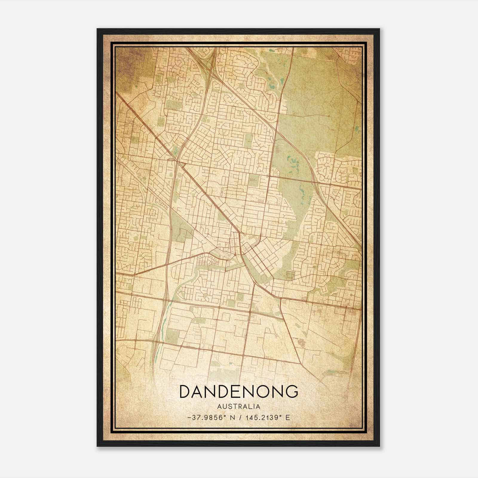 Vintage Dandenong Australia Map Poster, Dandenong City Road Wall Art Print