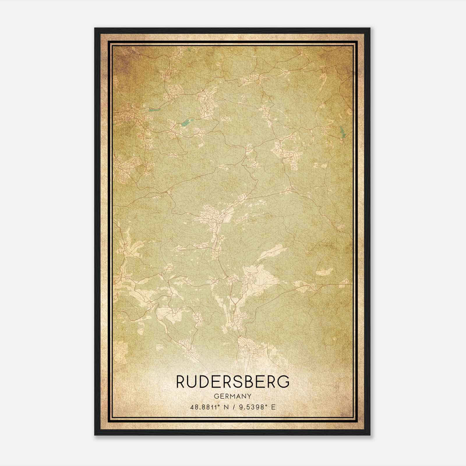 Vintage Rudersberg Germany Map Poster, Rudersberg City Road Wall Art Print