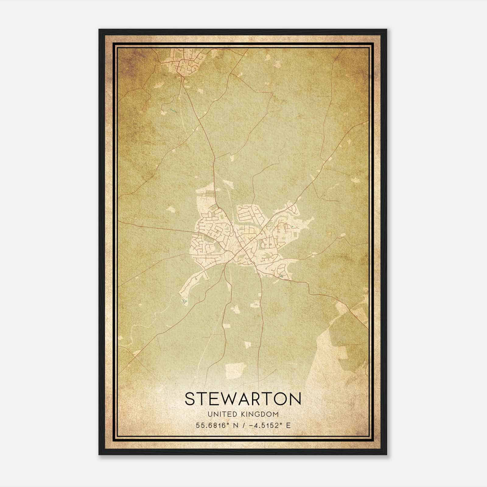Vintage Stewarton United Kingdom Map Poster, Stewarton City Road Wall Art Print