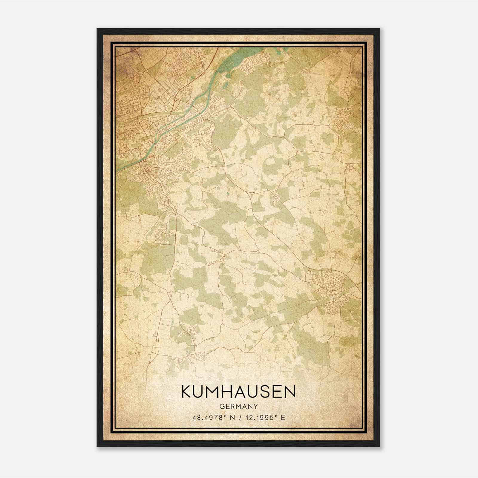 Vintage Kumhausen Germany Map Poster, Kumhausen City Road Wall Art Print
