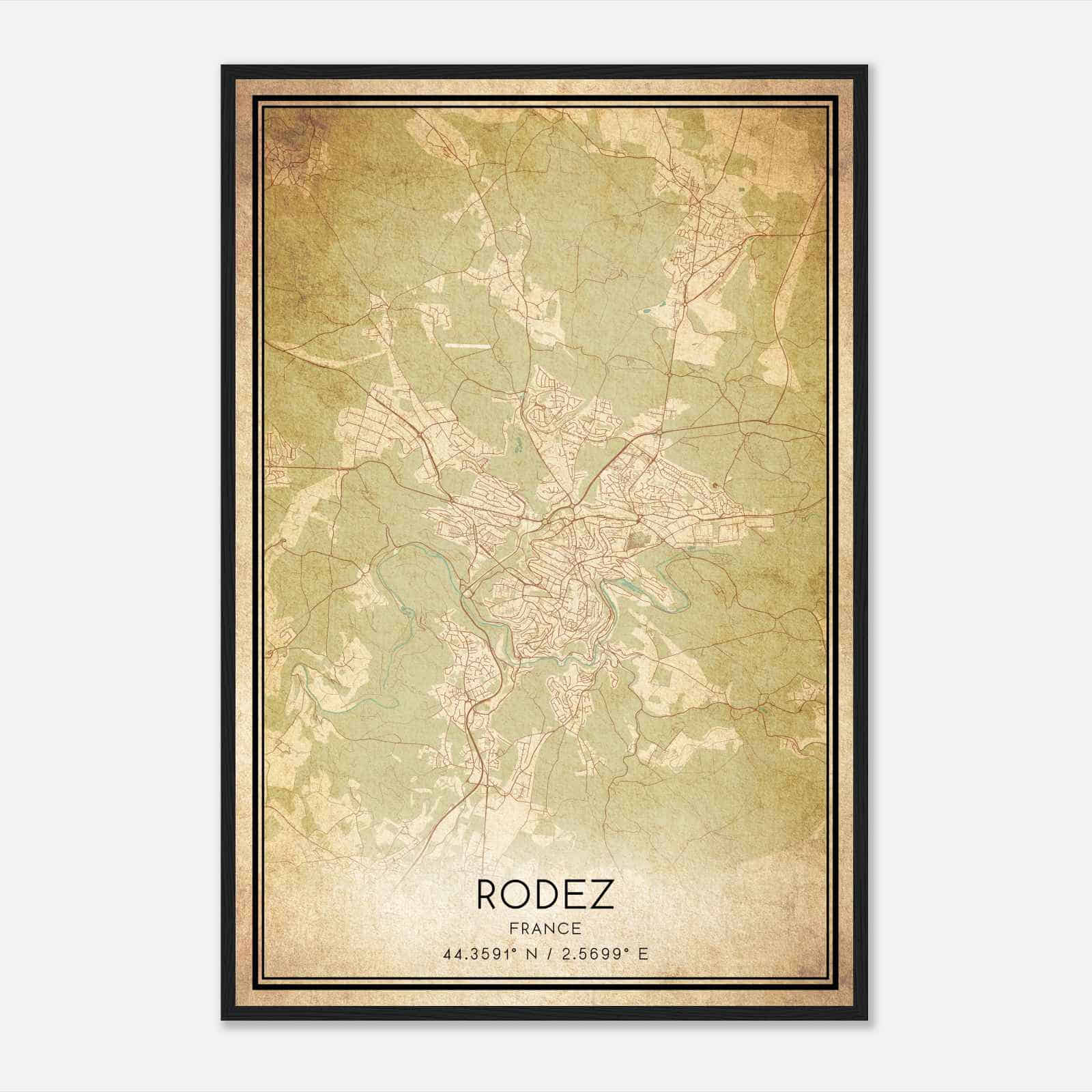Vintage Rodez France Map Poster, Rodez City Road Wall Art Print