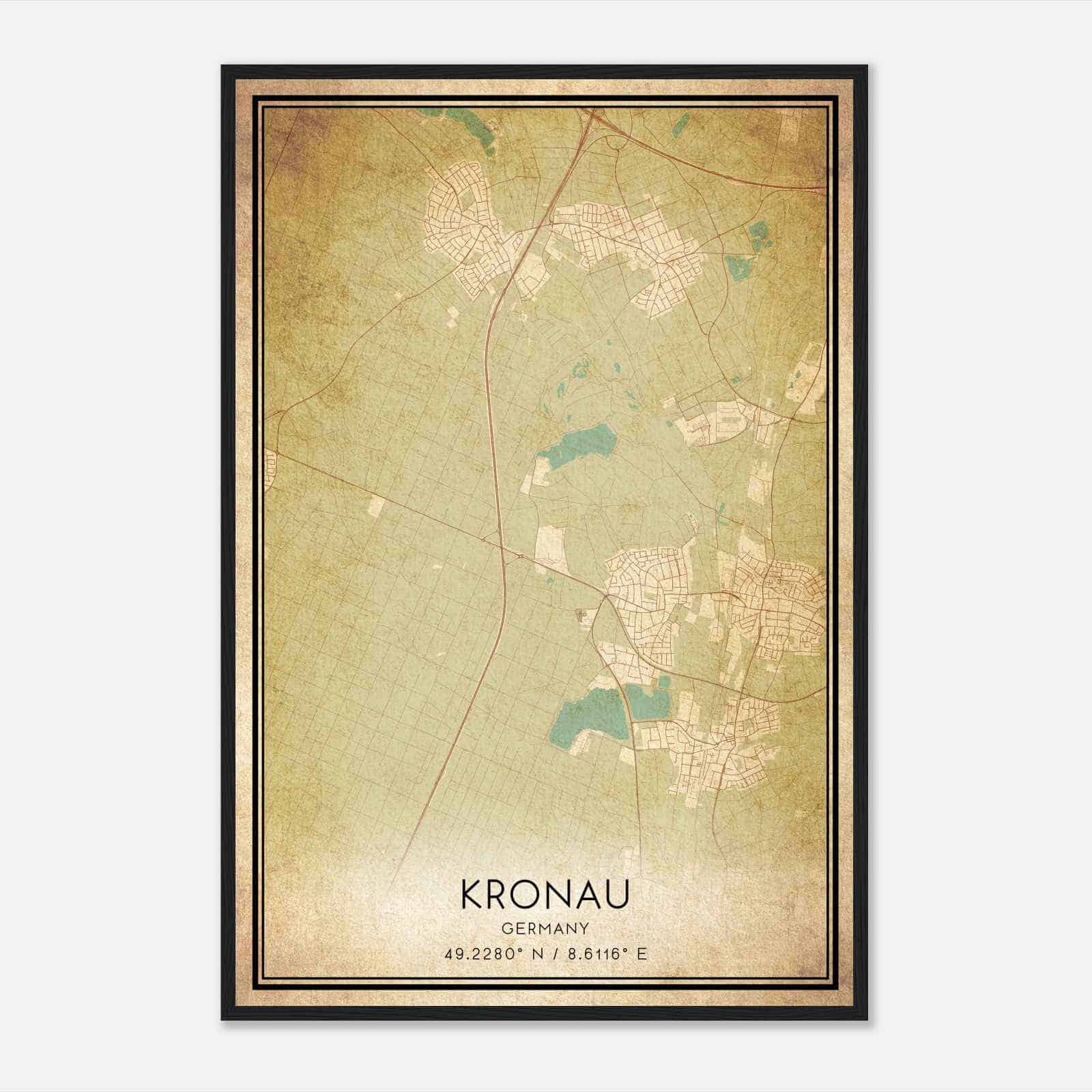 Vintage Kronau Germany Map Poster, Kronau City Road Wall Art Print