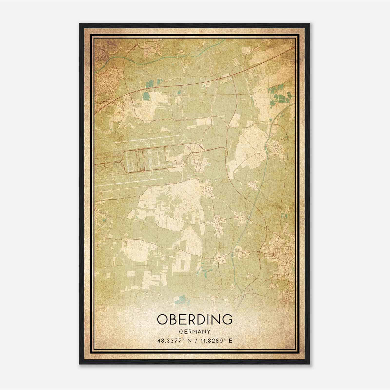 Vintage Oberding Germany Map Poster, Oberding City Road Wall Art Print
