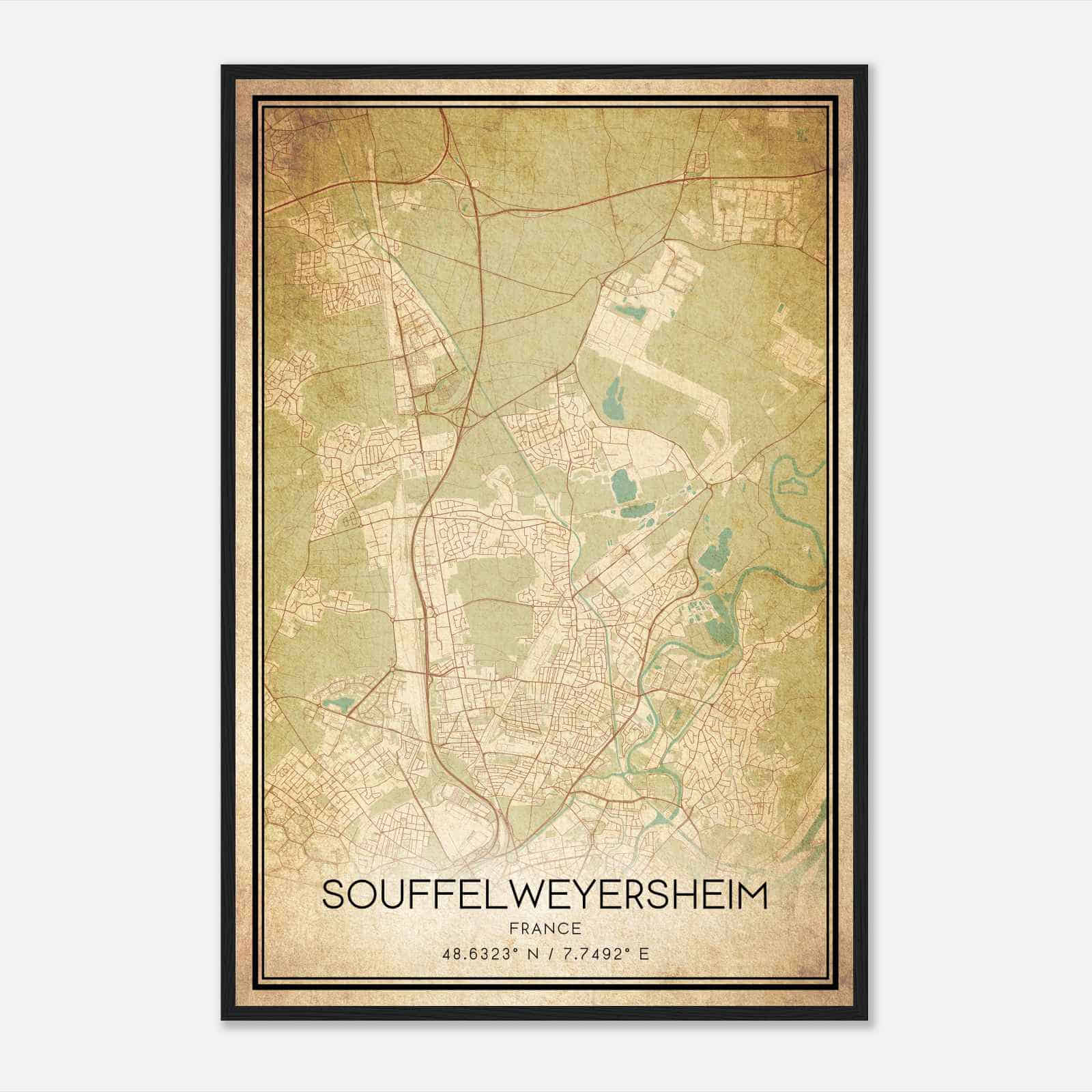 Vintage Souffelweyersheim France Map Poster, Souffelweyersheim City Road Wall Art Print