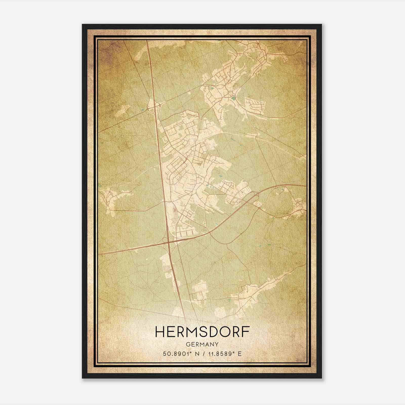 Vintage Hermsdorf Germany Map Poster, Hermsdorf City Road Wall Art Print
