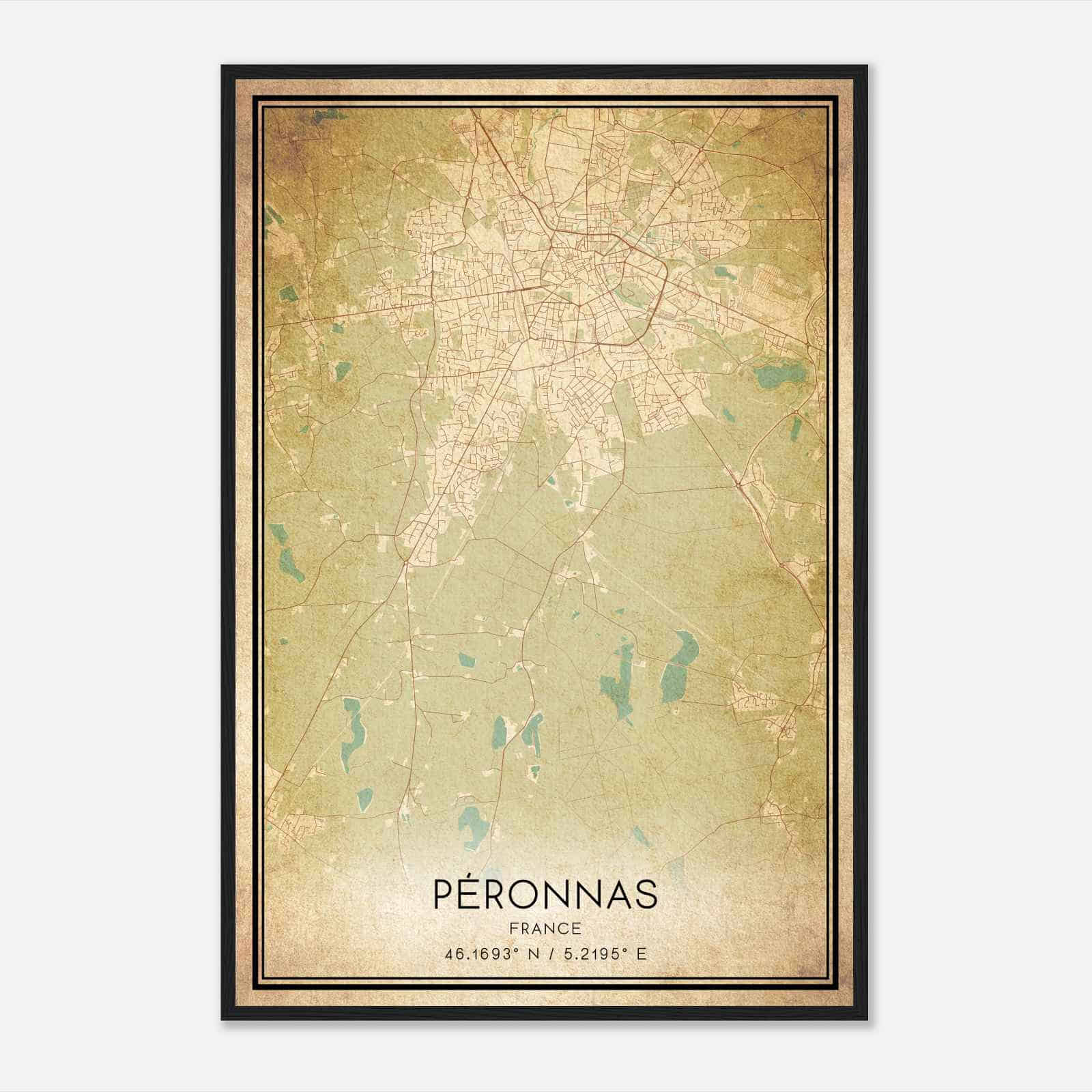 Vintage Peronnas France Map Poster, Peronnas City Road Wall Art Print