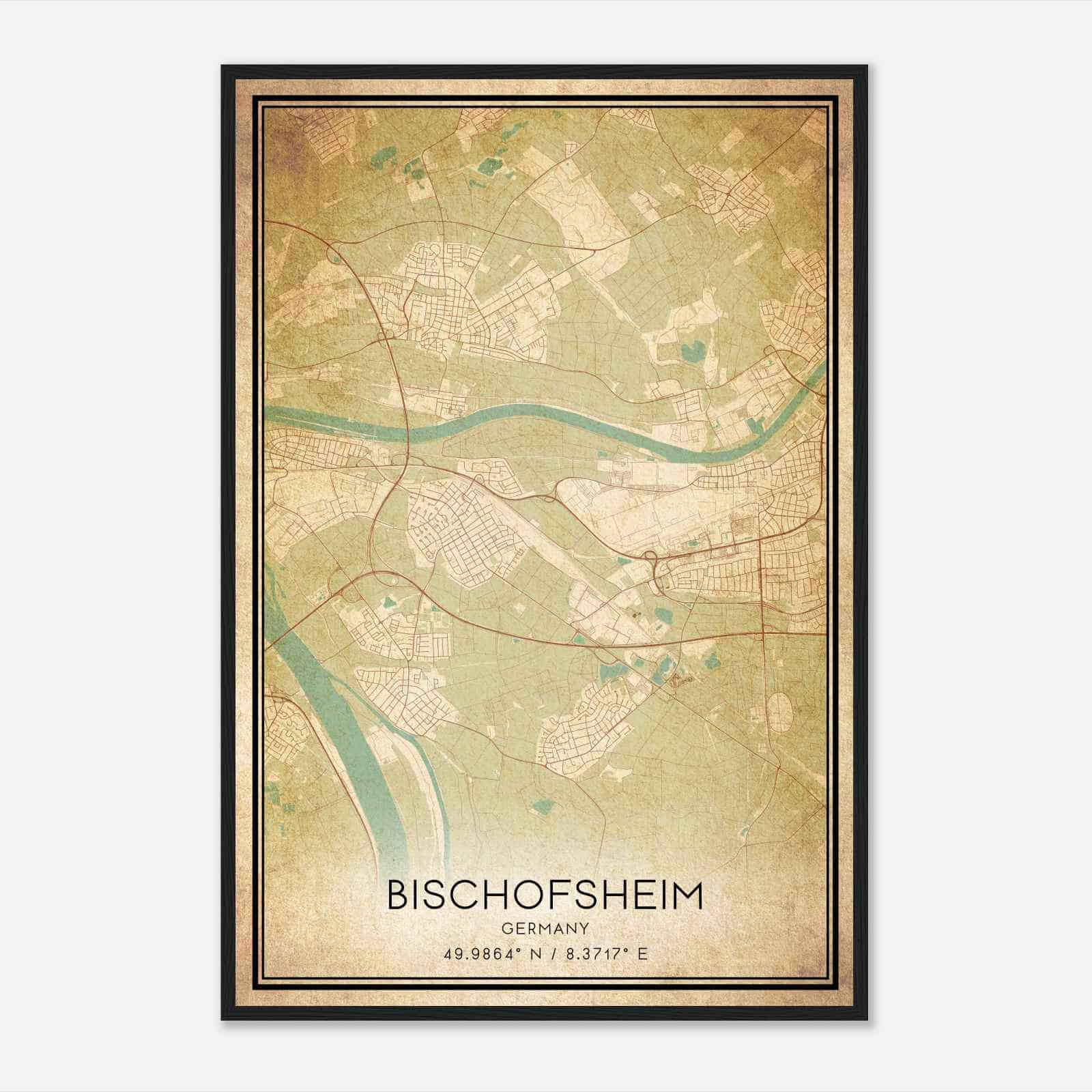 Vintage Bischofsheim Germany Map Poster, Bischofsheim City Road Wall Art Print