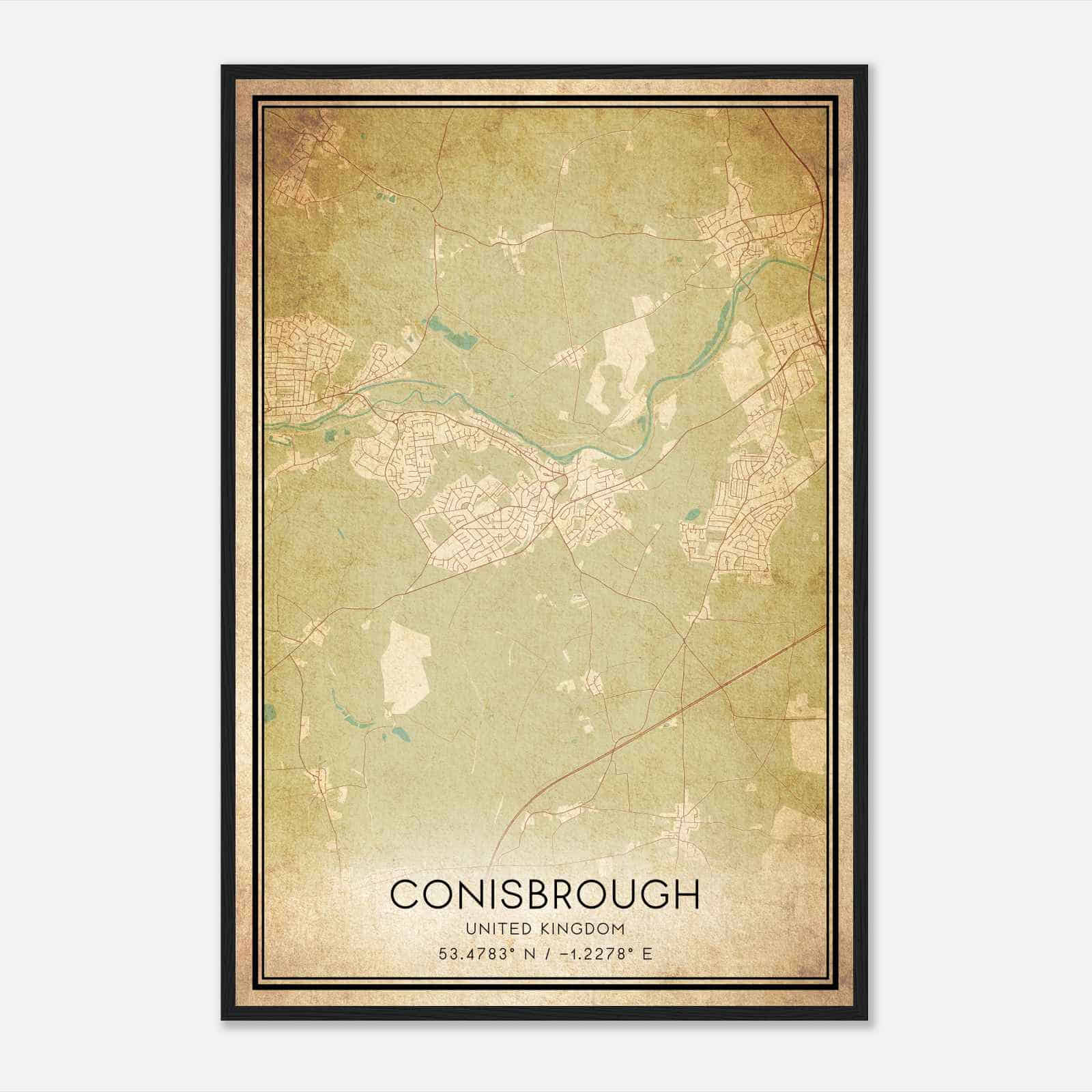 Vintage Conisbrough United Kingdom Map Poster, Conisbrough City Road Wall Art Print