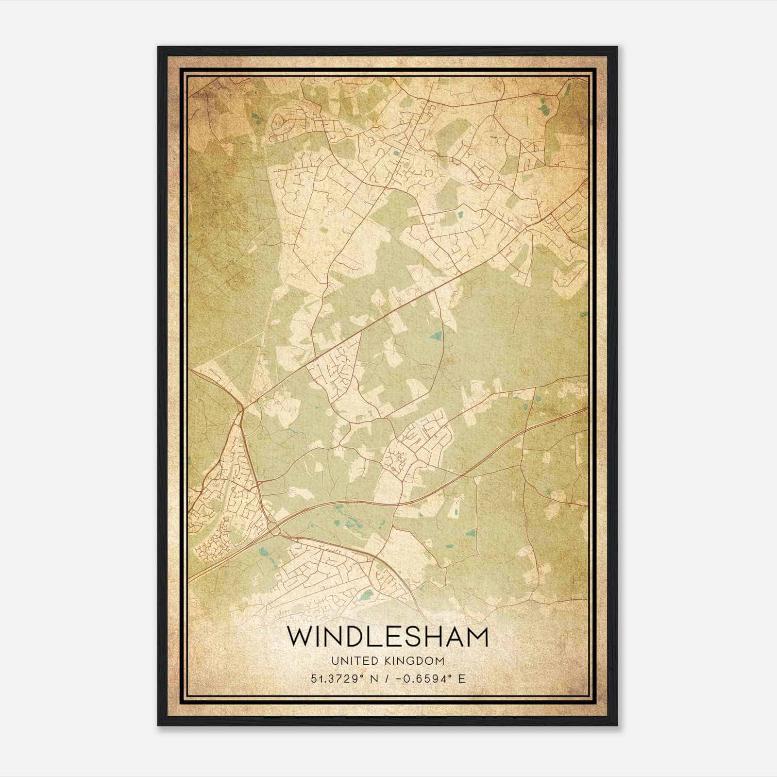 Vintage Windlesham United Kingdom Map Poster, Windlesham City Road Wall Art Print