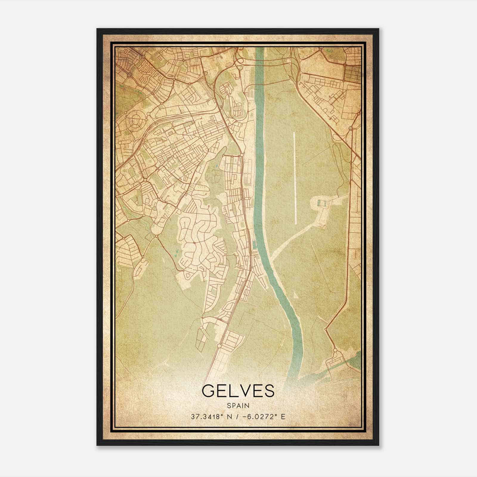 Vintage Gelves Spain Map Poster, Gelves City Road Wall Art Print