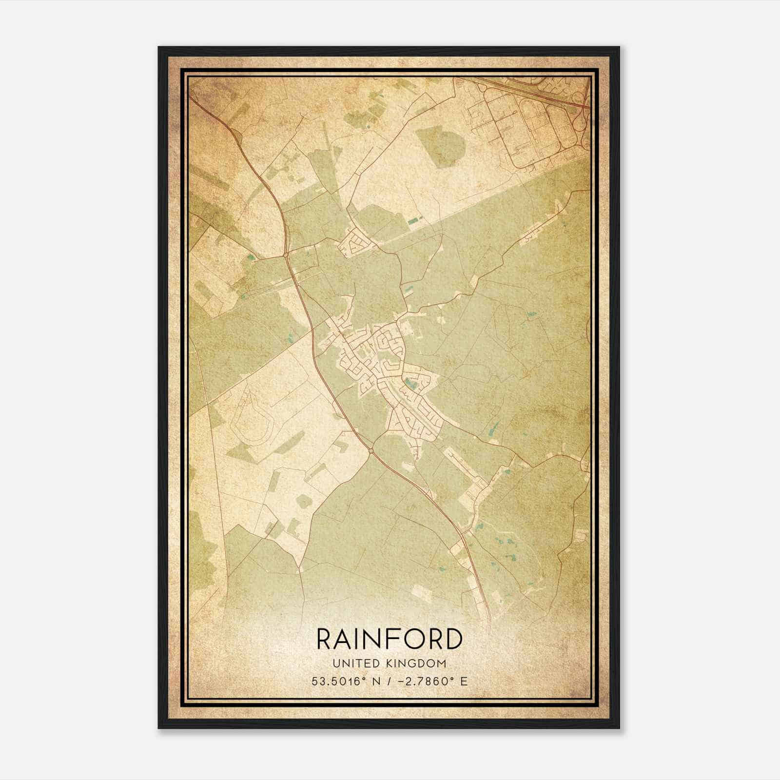 Vintage Rainford United Kingdom Map Poster, Rainford City Road Wall Art Print
