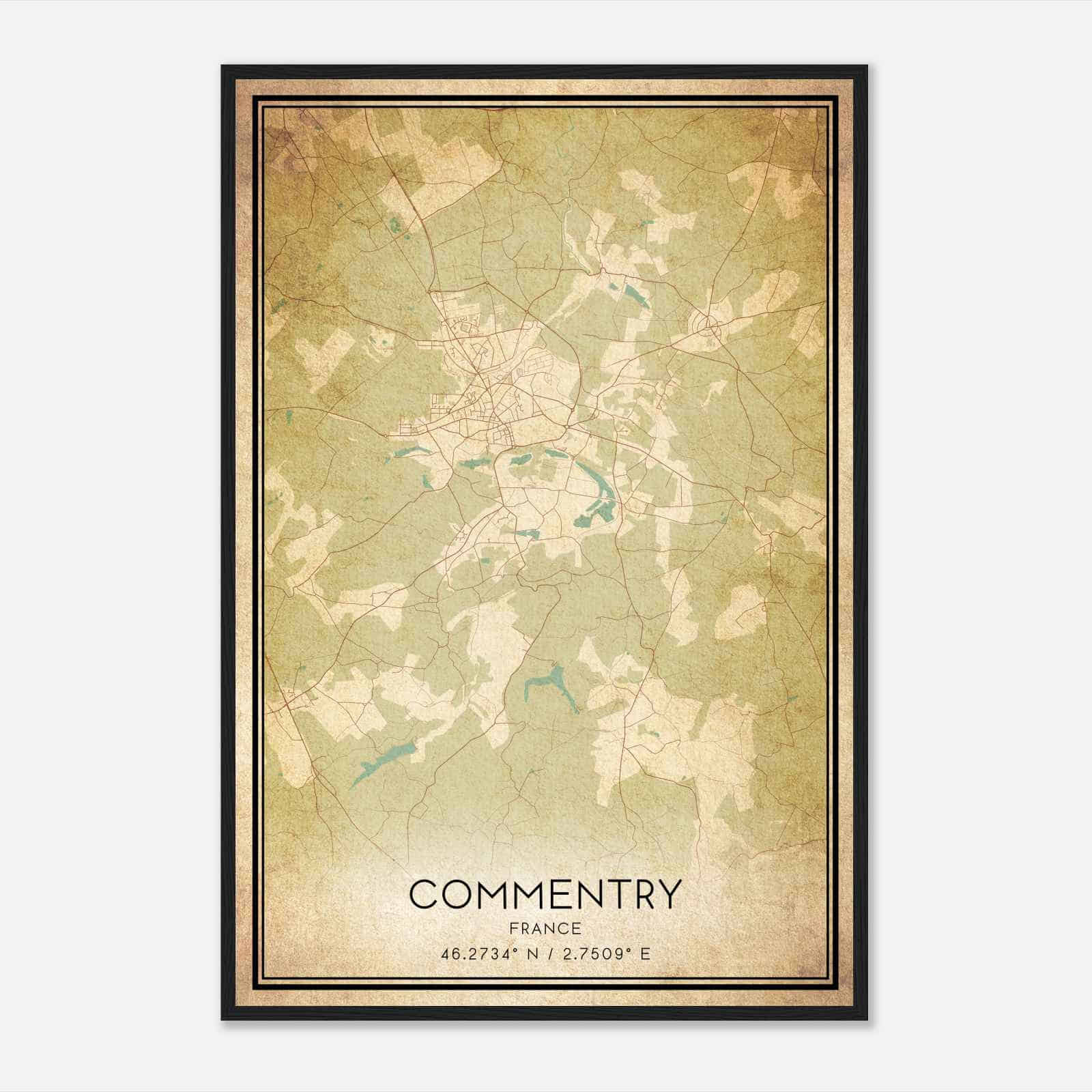 Vintage Commentry France Map Poster, Commentry City Road Wall Art Print