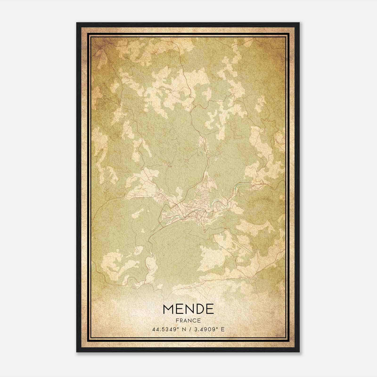 Vintage Mende France Map Poster, Mende City Road Wall Art Print
