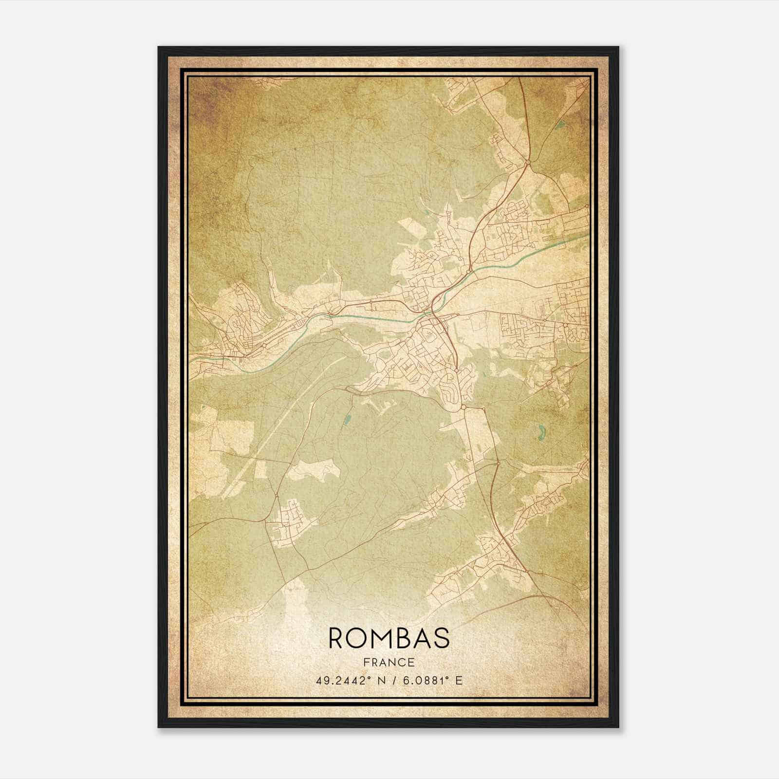 Vintage Rombas France Map Poster, Rombas City Road Wall Art Print