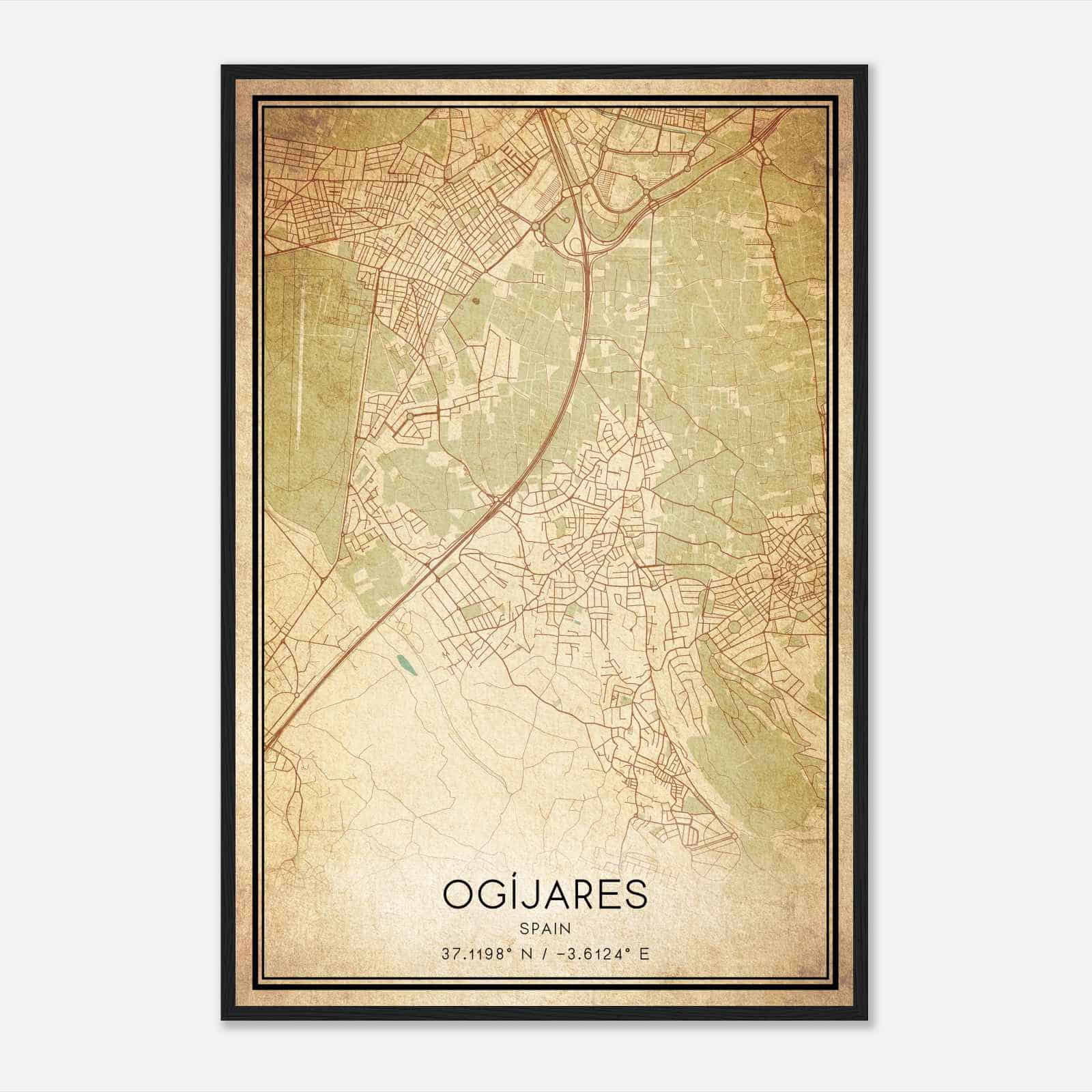 Vintage Ogijares Spain Map Poster, Ogijares City Road Wall Art Print