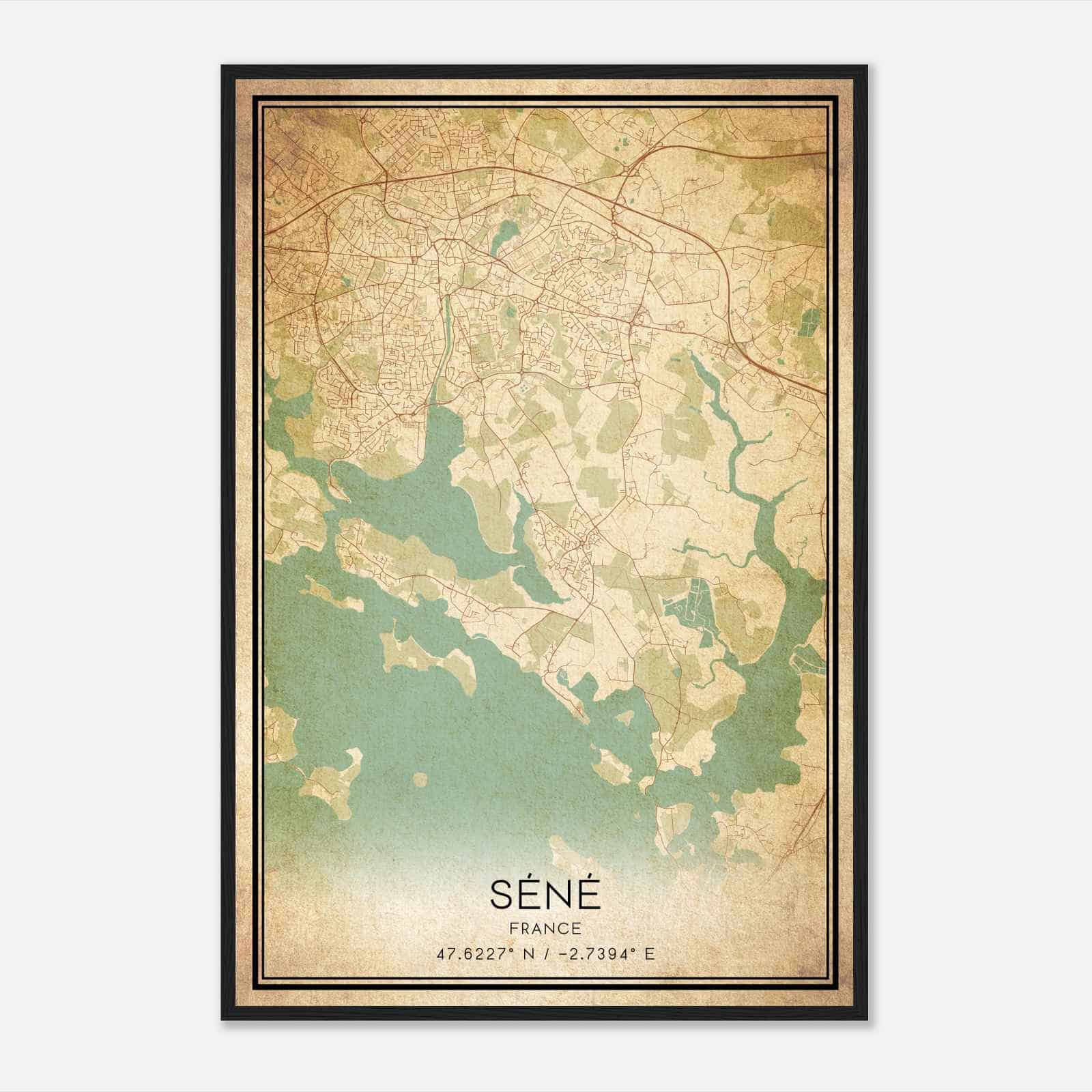 Vintage Sene France Map Poster, Sene City Road Wall Art Print