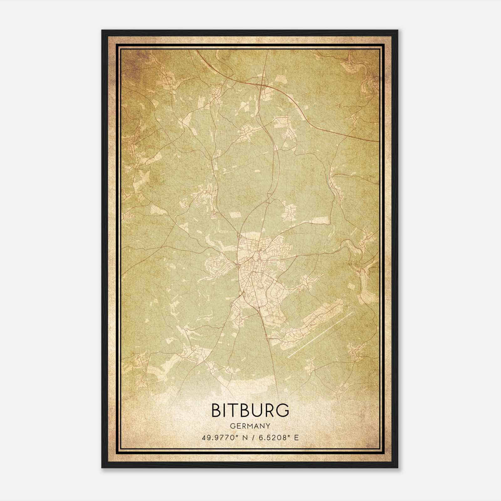 Vintage Bitburg Germany Map Poster, Bitburg City Road Wall Art Print