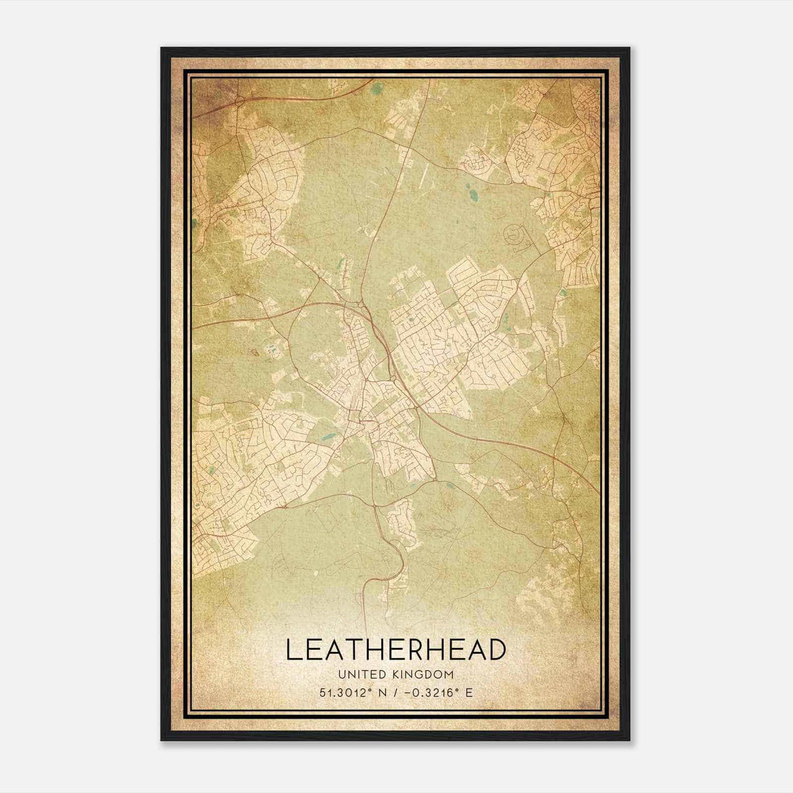 Vintage Leatherhead United Kingdom Map Poster, Leatherhead City Road Wall Art Print