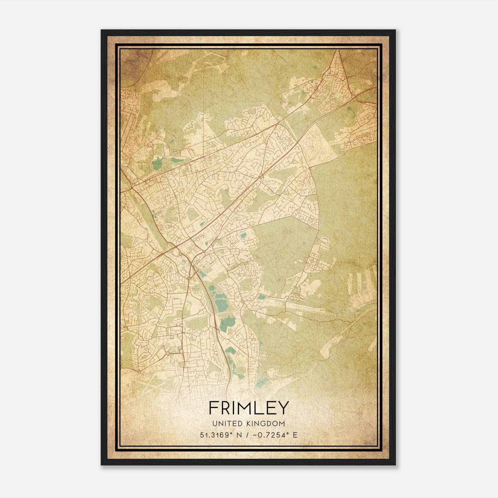 Vintage Frimley United Kingdom Map Poster, Frimley City Road Wall Art Print