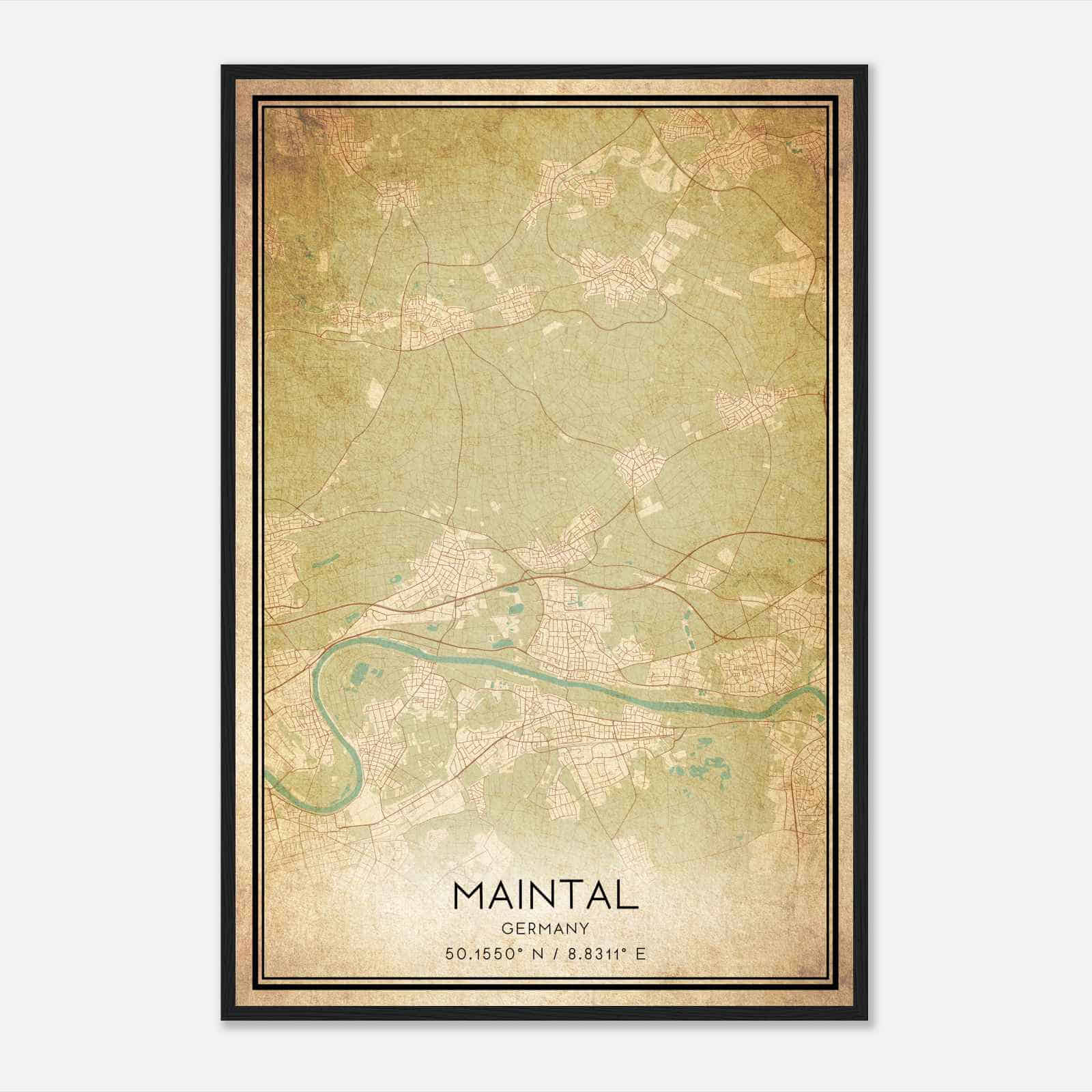 Vintage Maintal Germany Map Poster, Maintal City Road Wall Art Print