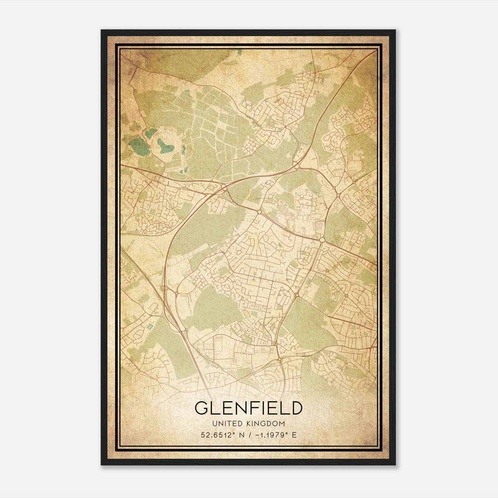 Vintage Glenfield United Kingdom Map Poster, Glenfield City Road Wall Art Print
