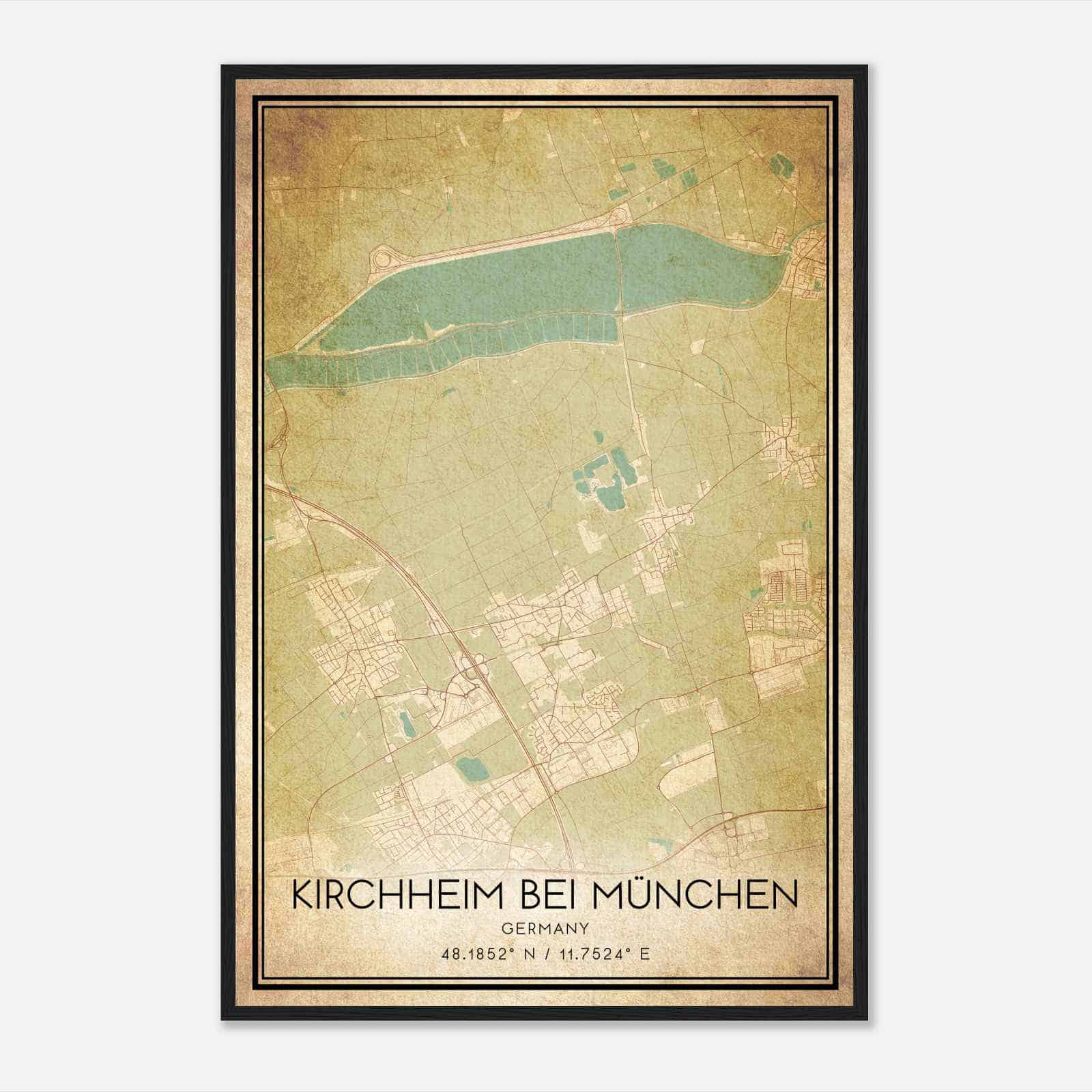 Vintage Kirchheim bei Munchen Germany Map Poster, Kirchheim bei Munchen City Road Wall Art Print