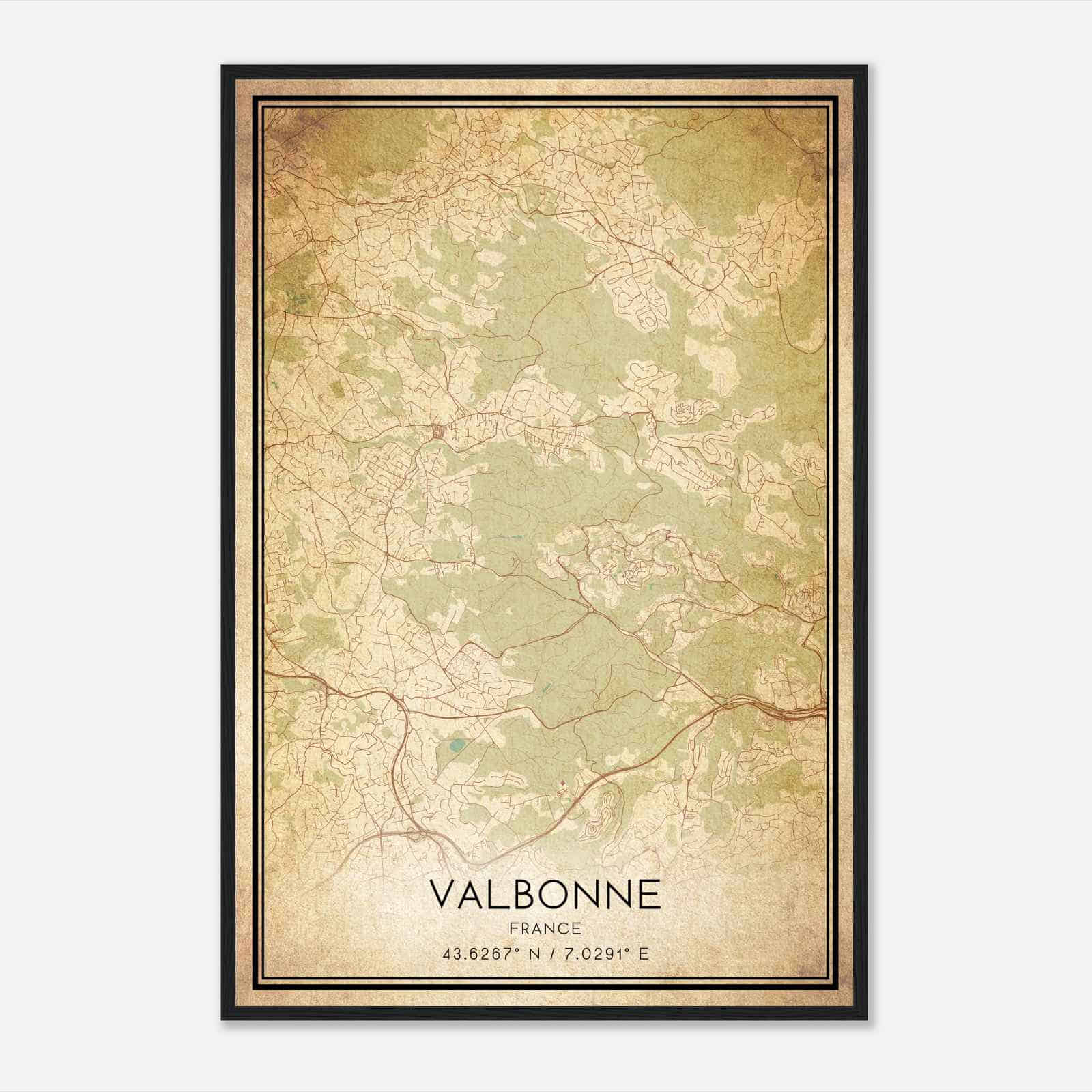 Vintage Valbonne France Map Poster, Valbonne City Road Wall Art Print