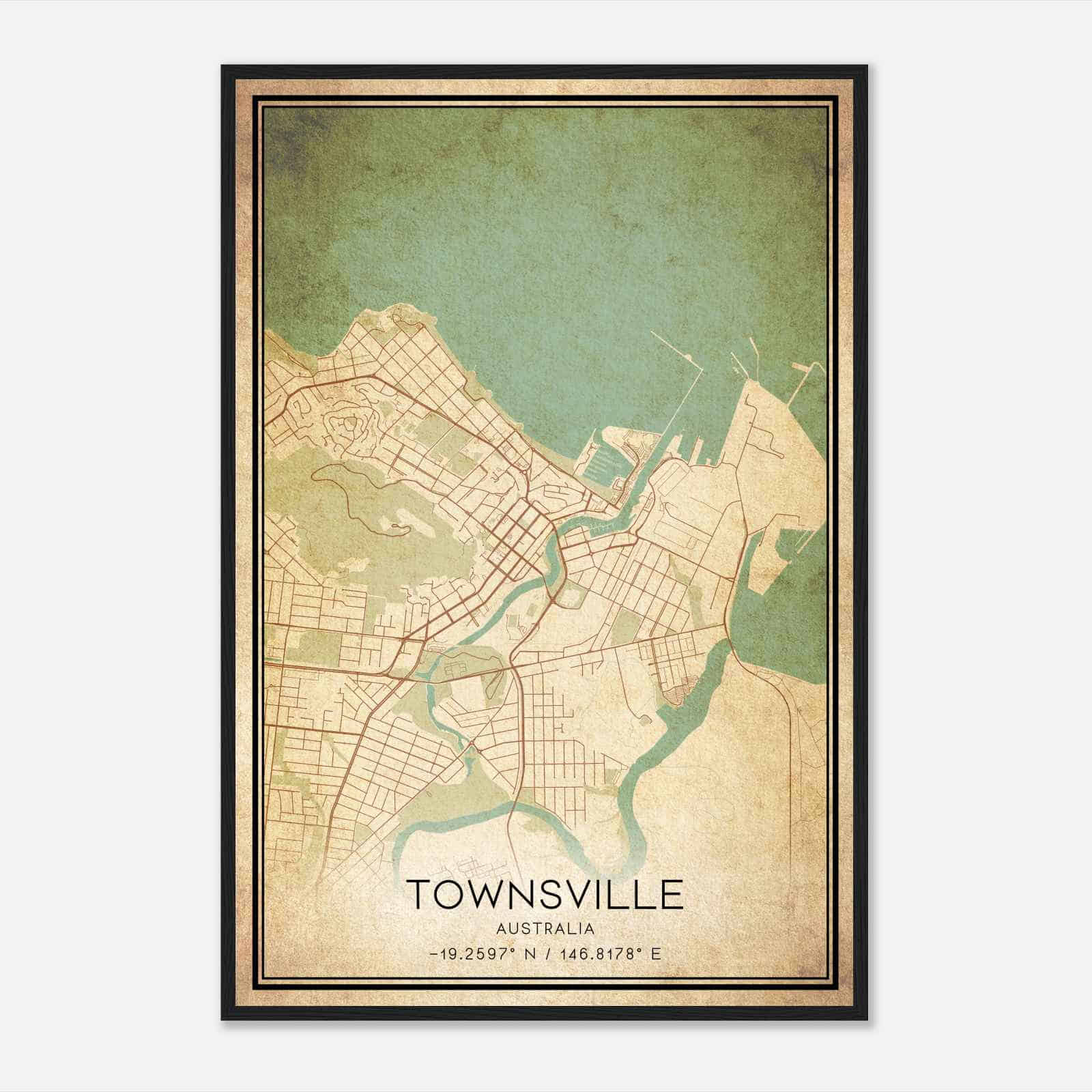 Vintage Townsville Australia Map Poster, Townsville City Road Wall Art Print