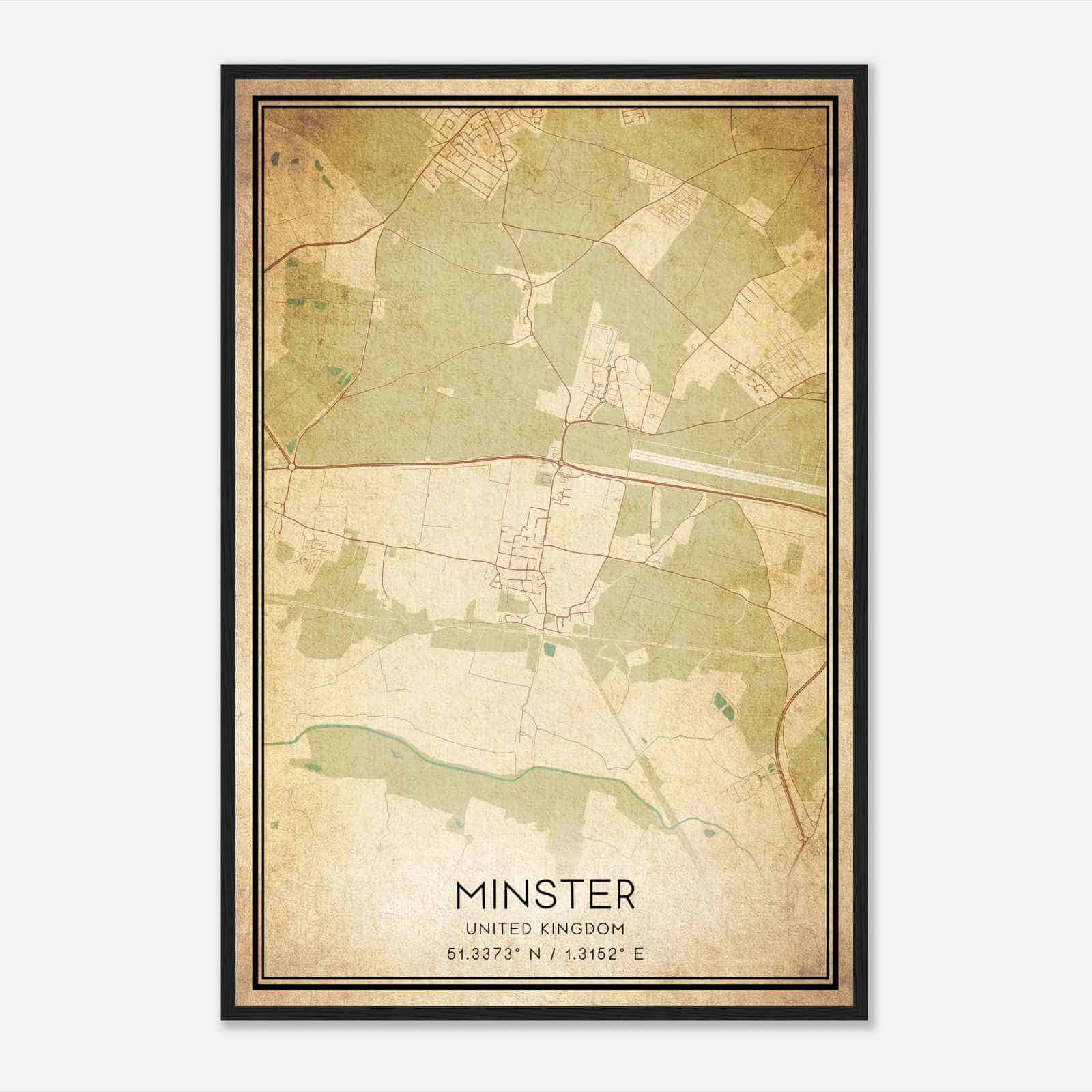 Vintage Minster United Kingdom Map Poster, Minster City Road Wall Art Print
