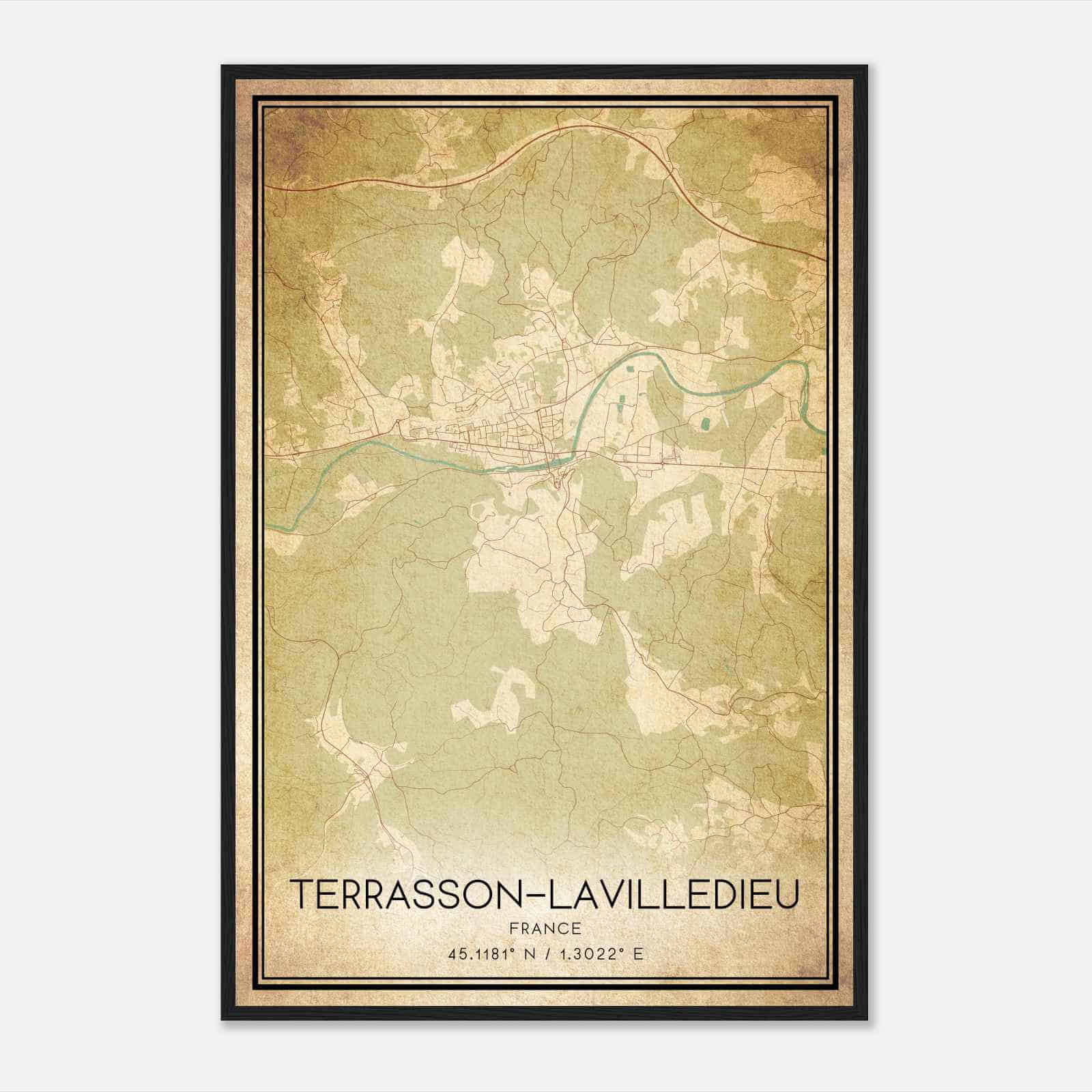 Vintage Terrasson-Lavilledieu France Map Poster, Terrasson-Lavilledieu City Road Wall Art Print