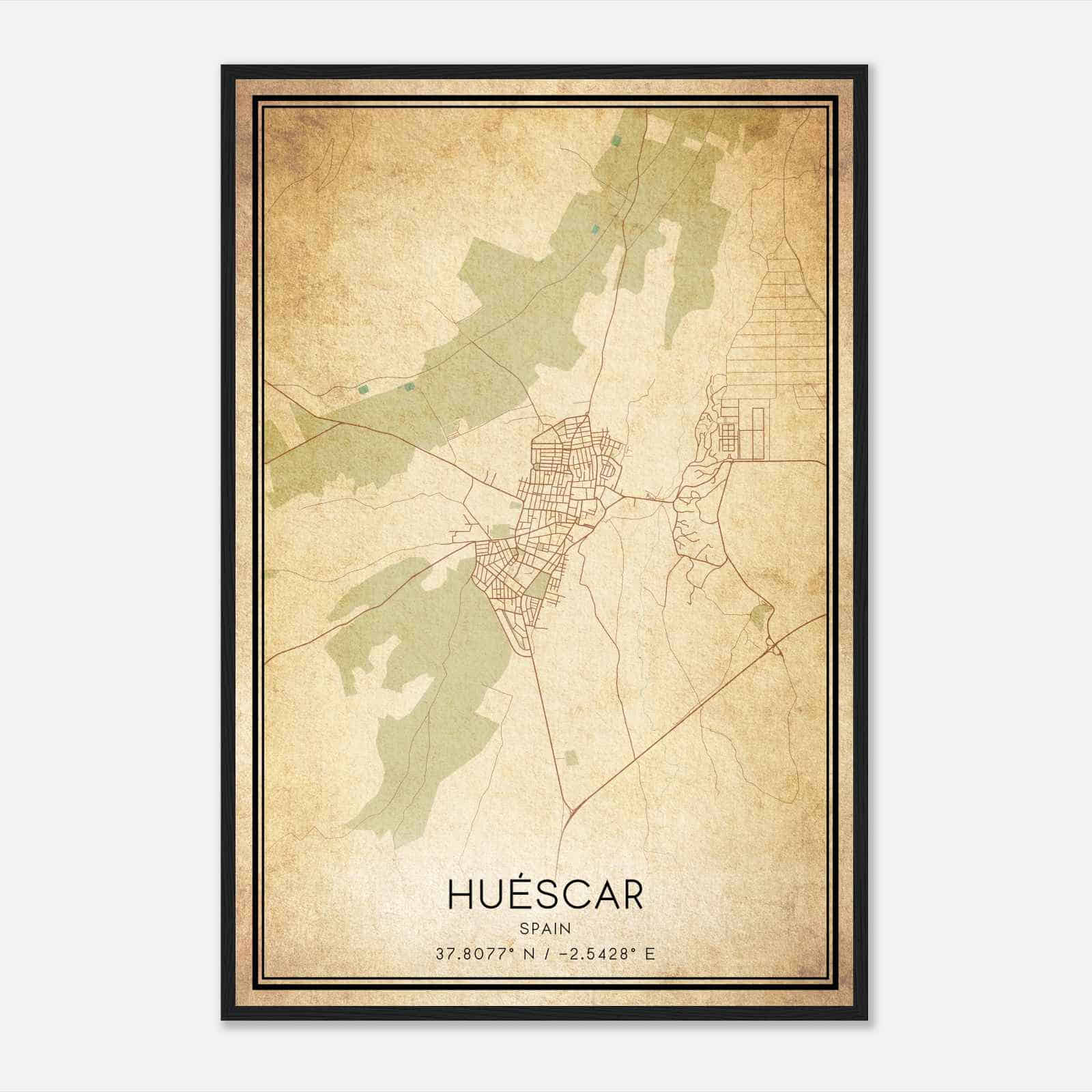 Vintage Huescar Spain Map Poster, Huescar City Road Wall Art Print