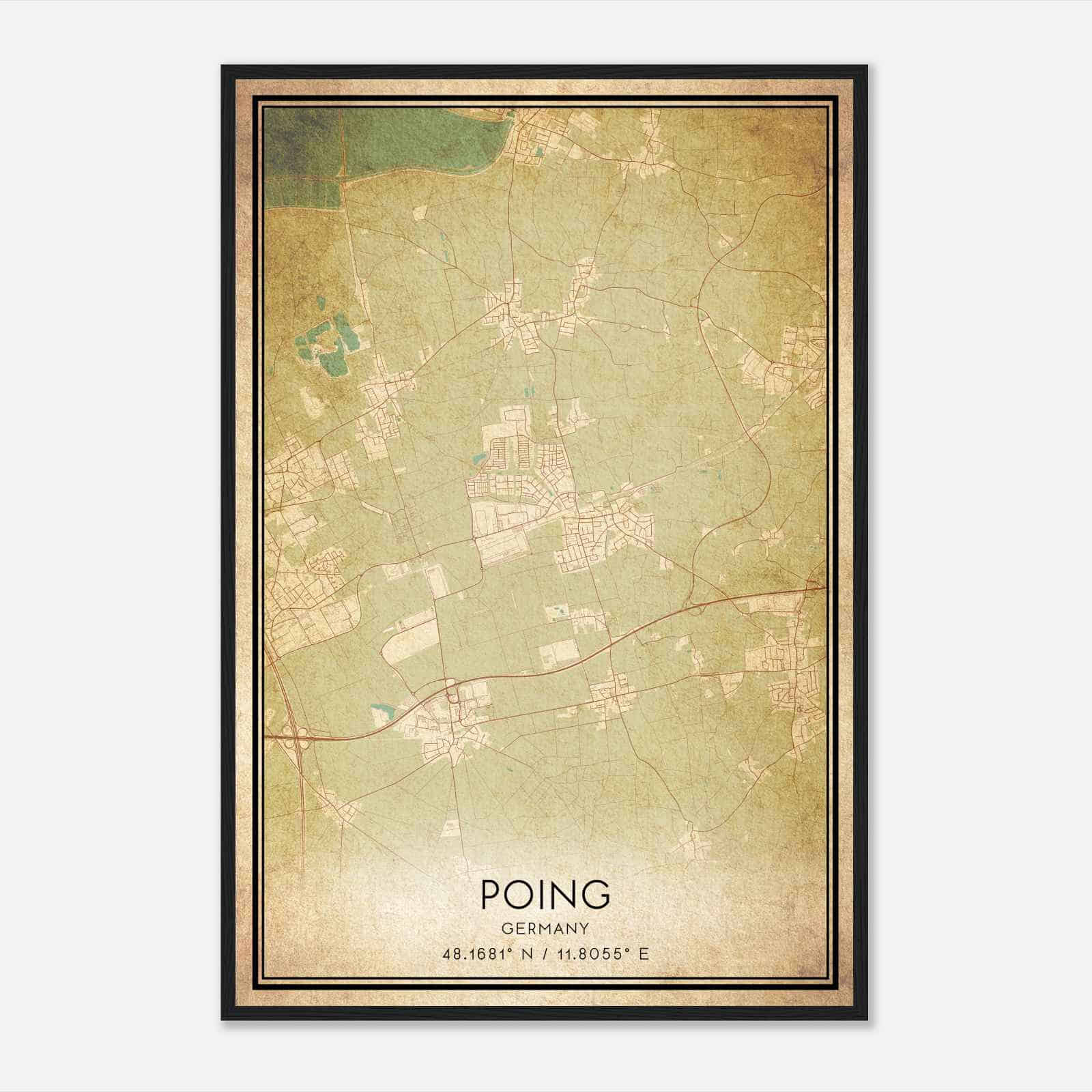 Vintage Poing Germany Map Poster, Poing City Road Wall Art Print