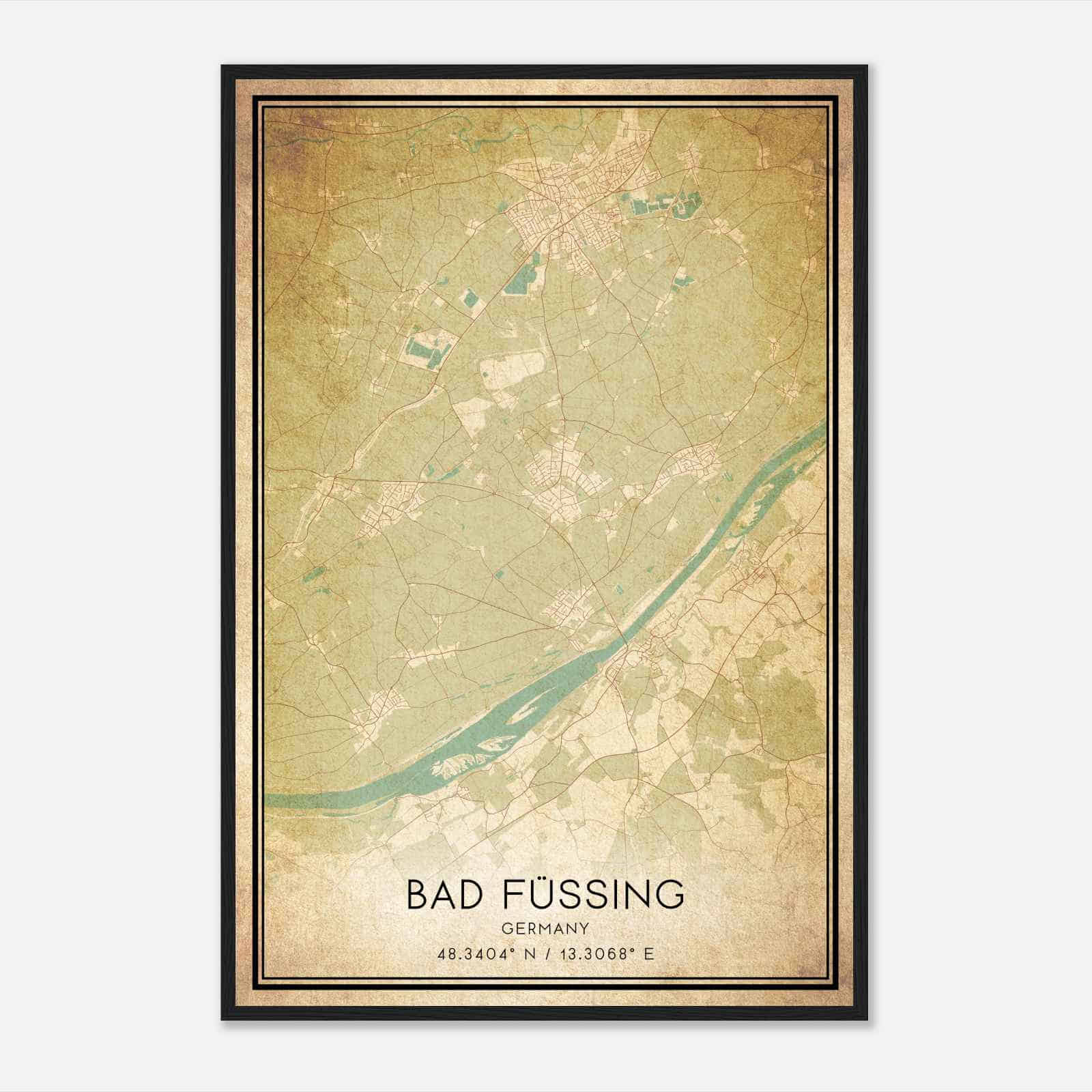 Vintage Bad Fussing Germany Map Poster, Bad Fussing City Road Wall Art Print