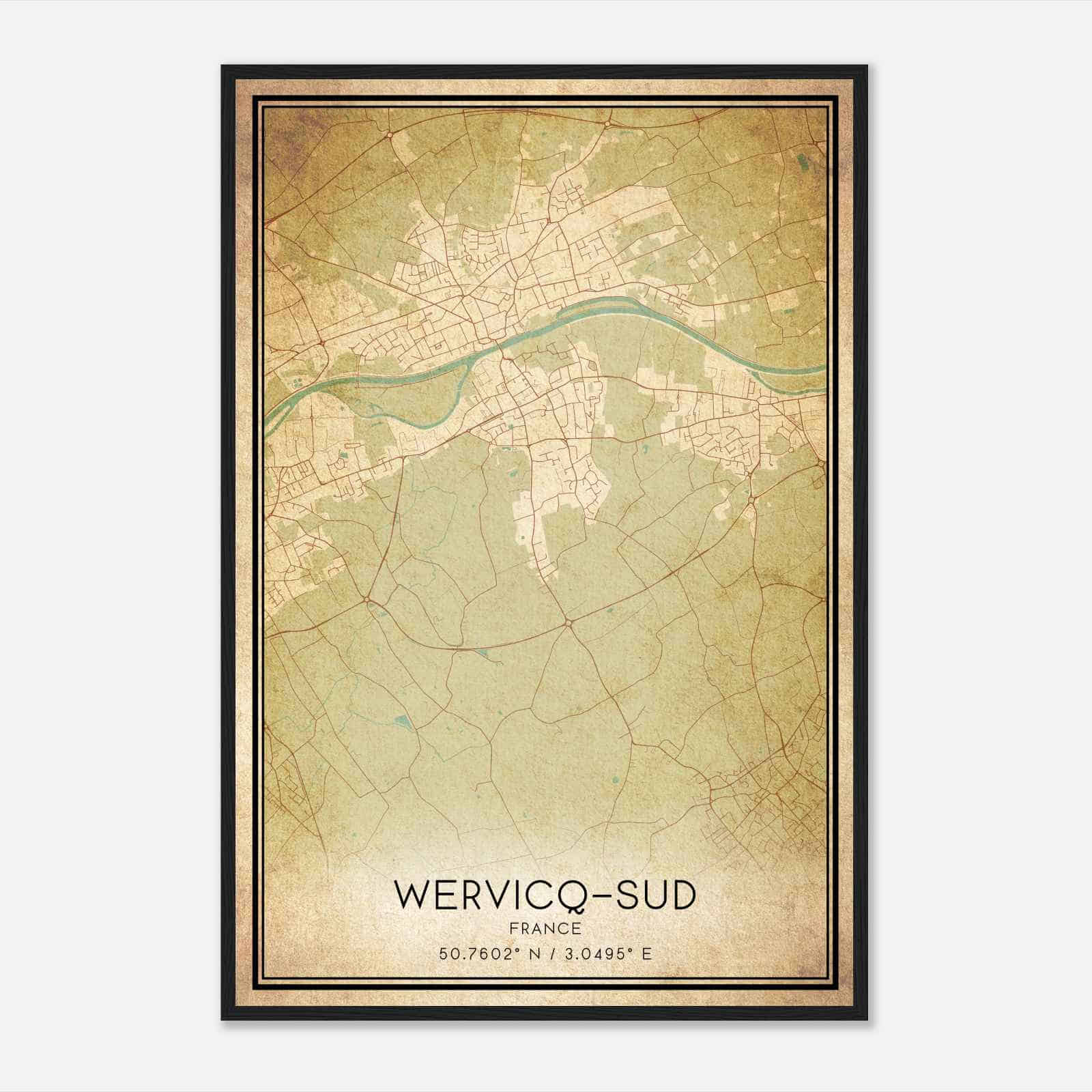 Vintage Wervicq-Sud France Map Poster, Wervicq-Sud City Road Wall Art Print