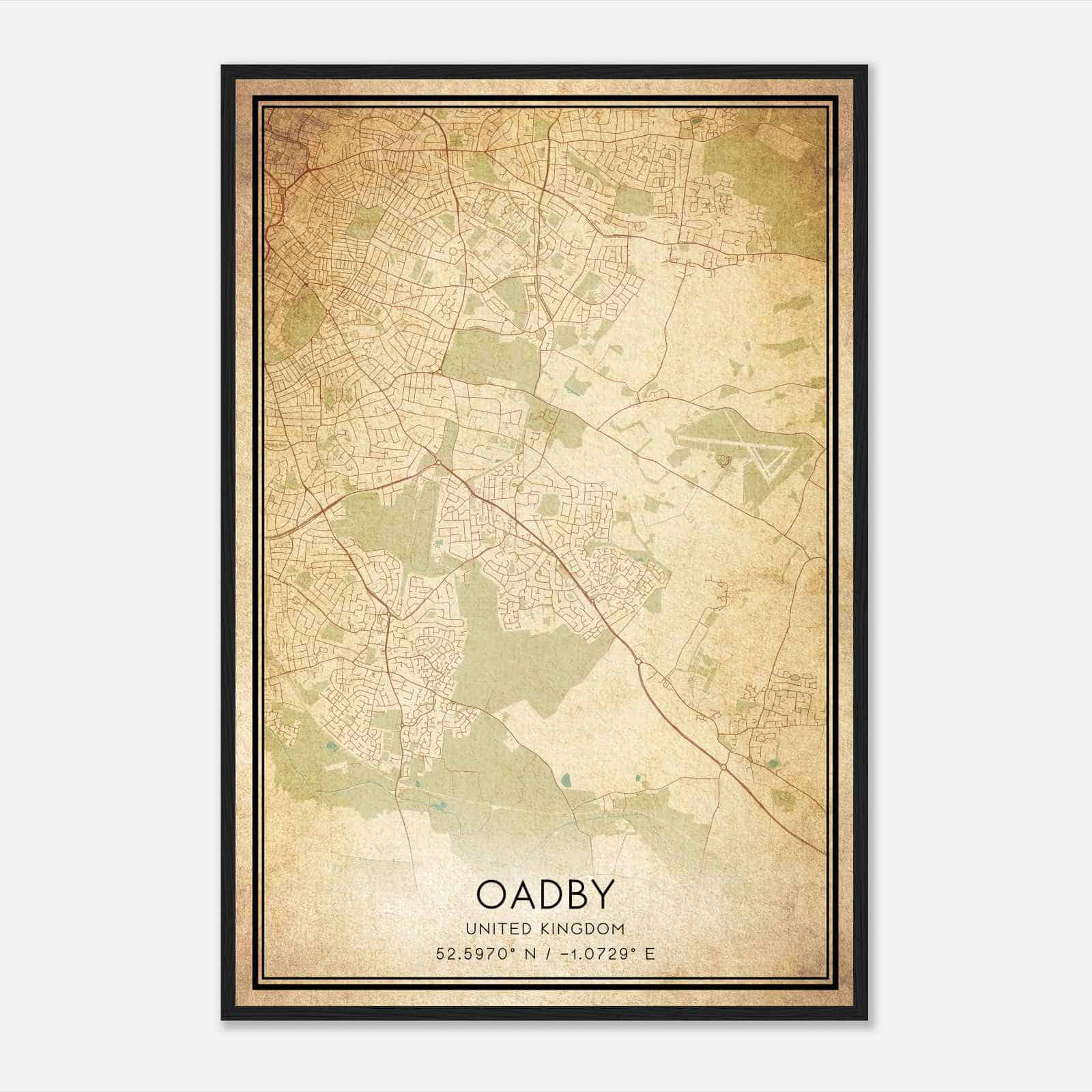 Vintage Oadby United Kingdom Map Poster, Oadby City Road Wall Art Print