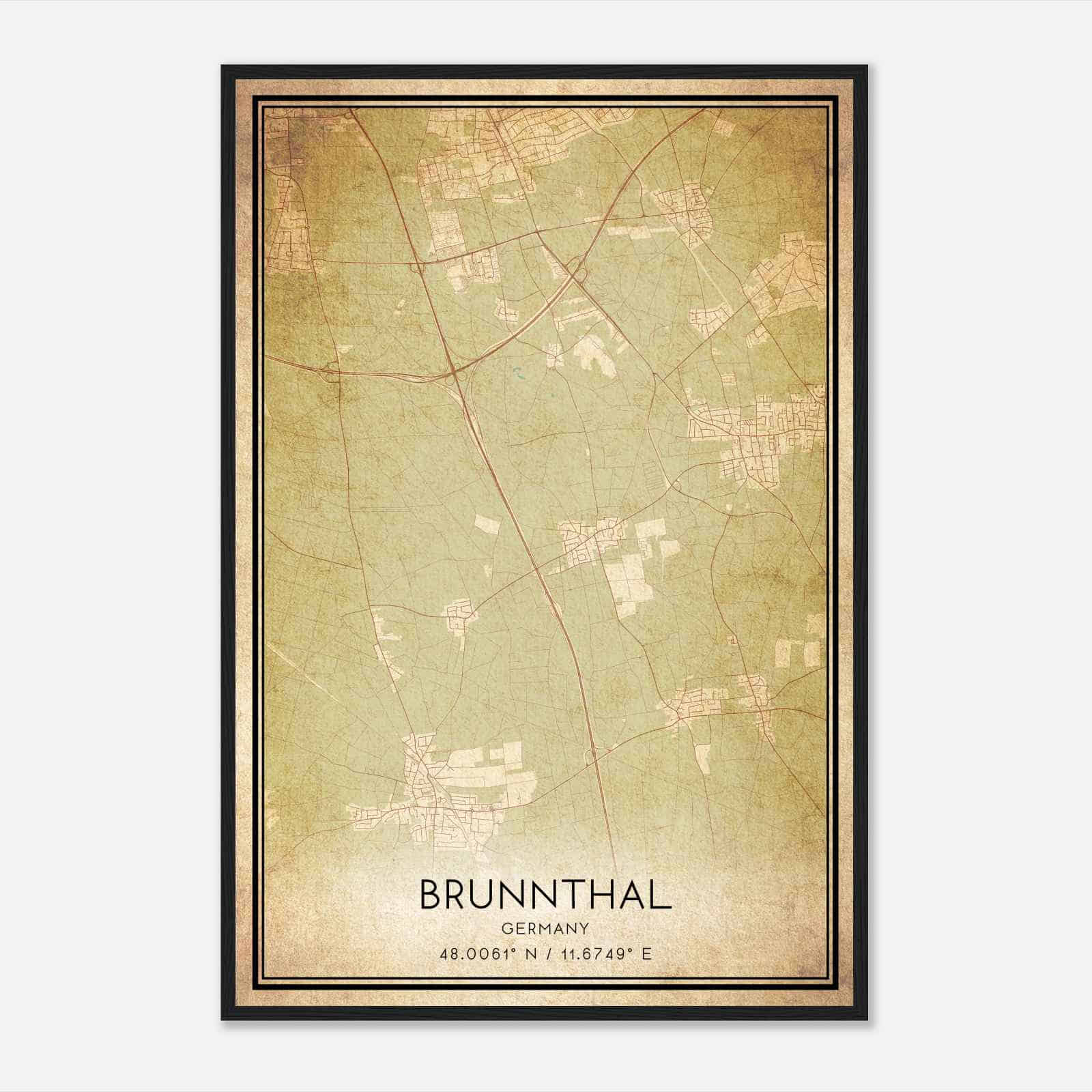 Vintage Brunnthal Germany Map Poster, Brunnthal City Road Wall Art Print