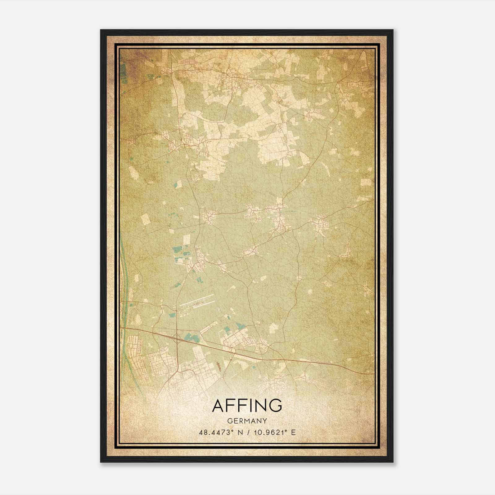 Vintage Affing Germany Map Poster, Affing City Road Wall Art Print