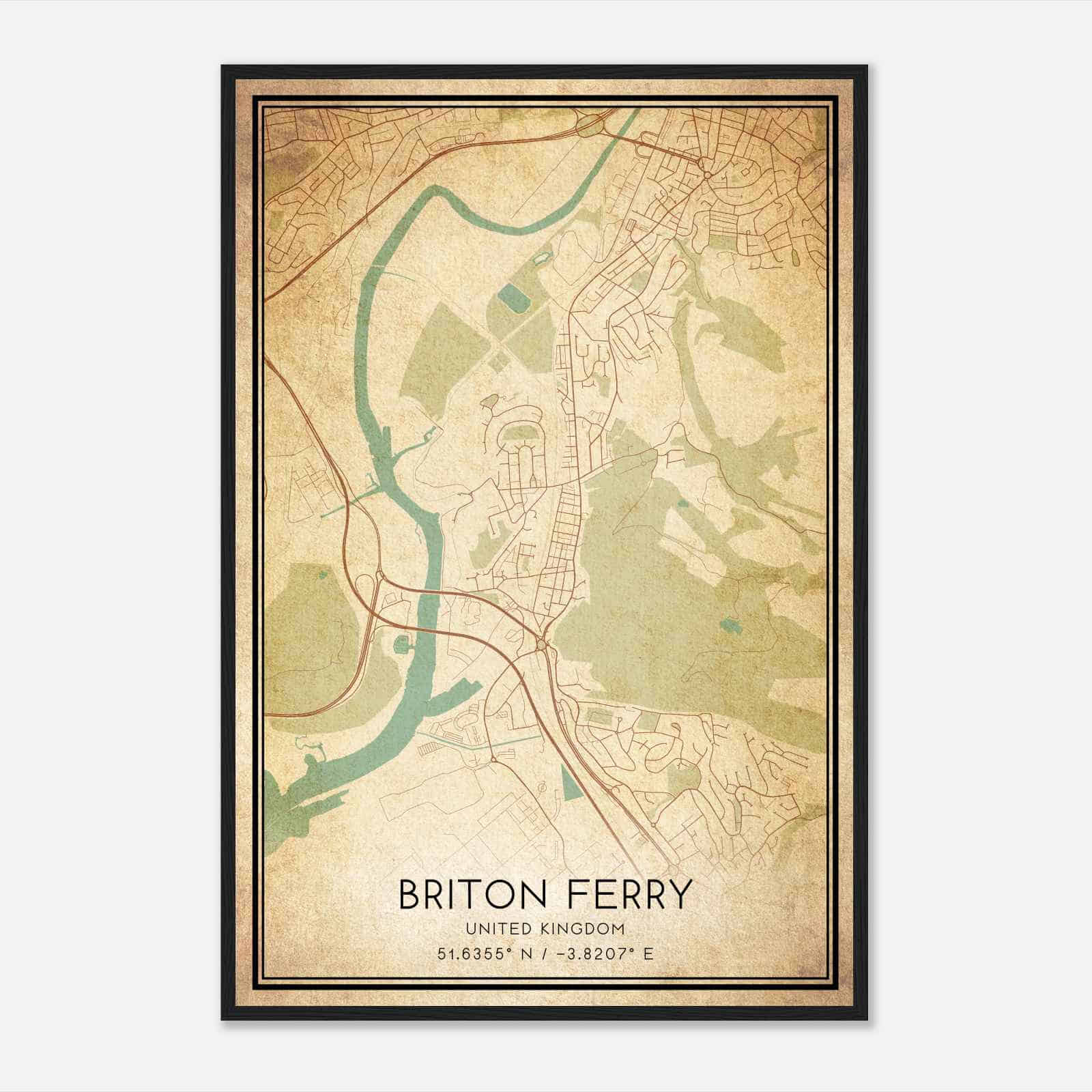 Vintage Briton Ferry United Kingdom Map Poster, Briton Ferry City Road Wall Art Print