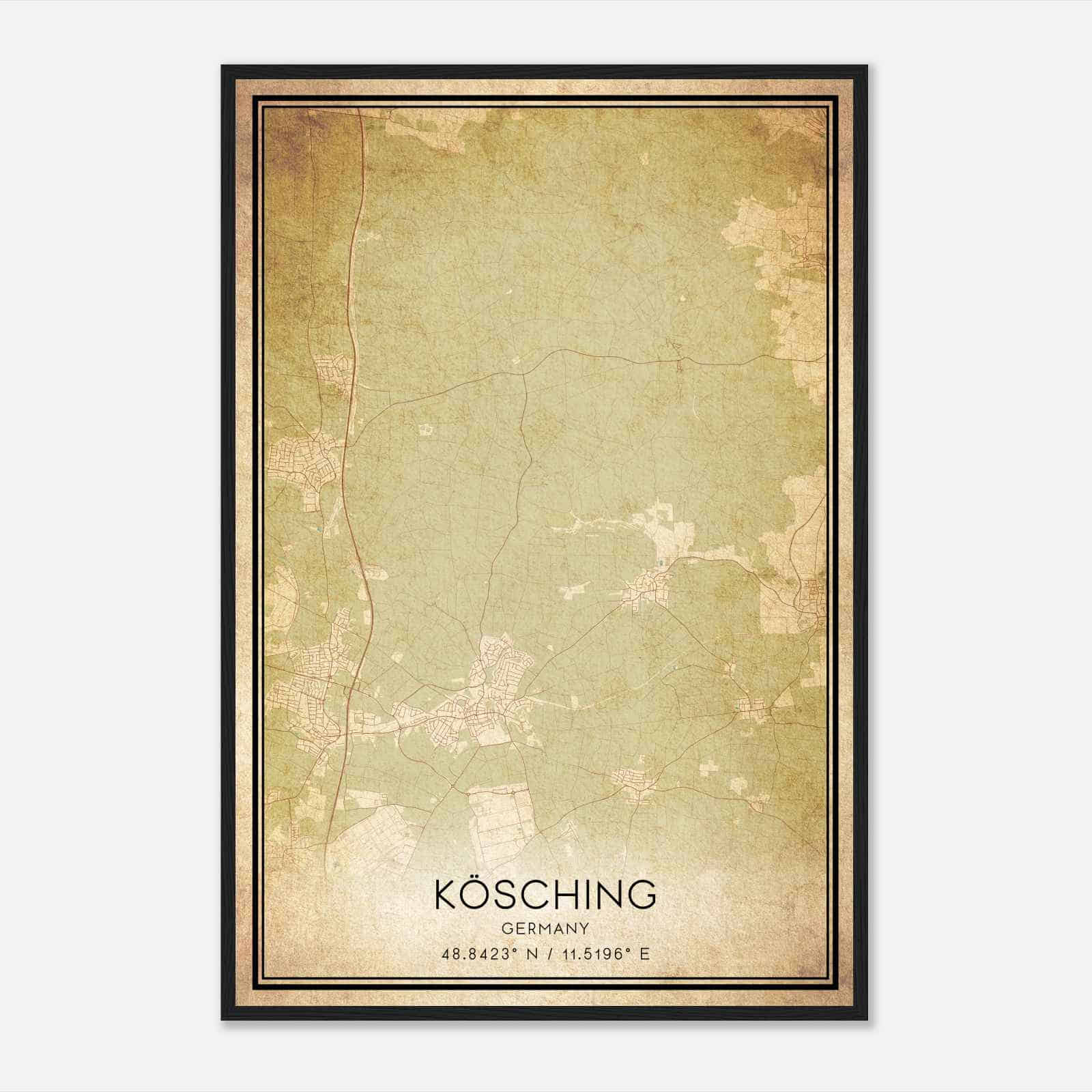 Vintage Kosching Germany Map Poster, Kosching City Road Wall Art Print