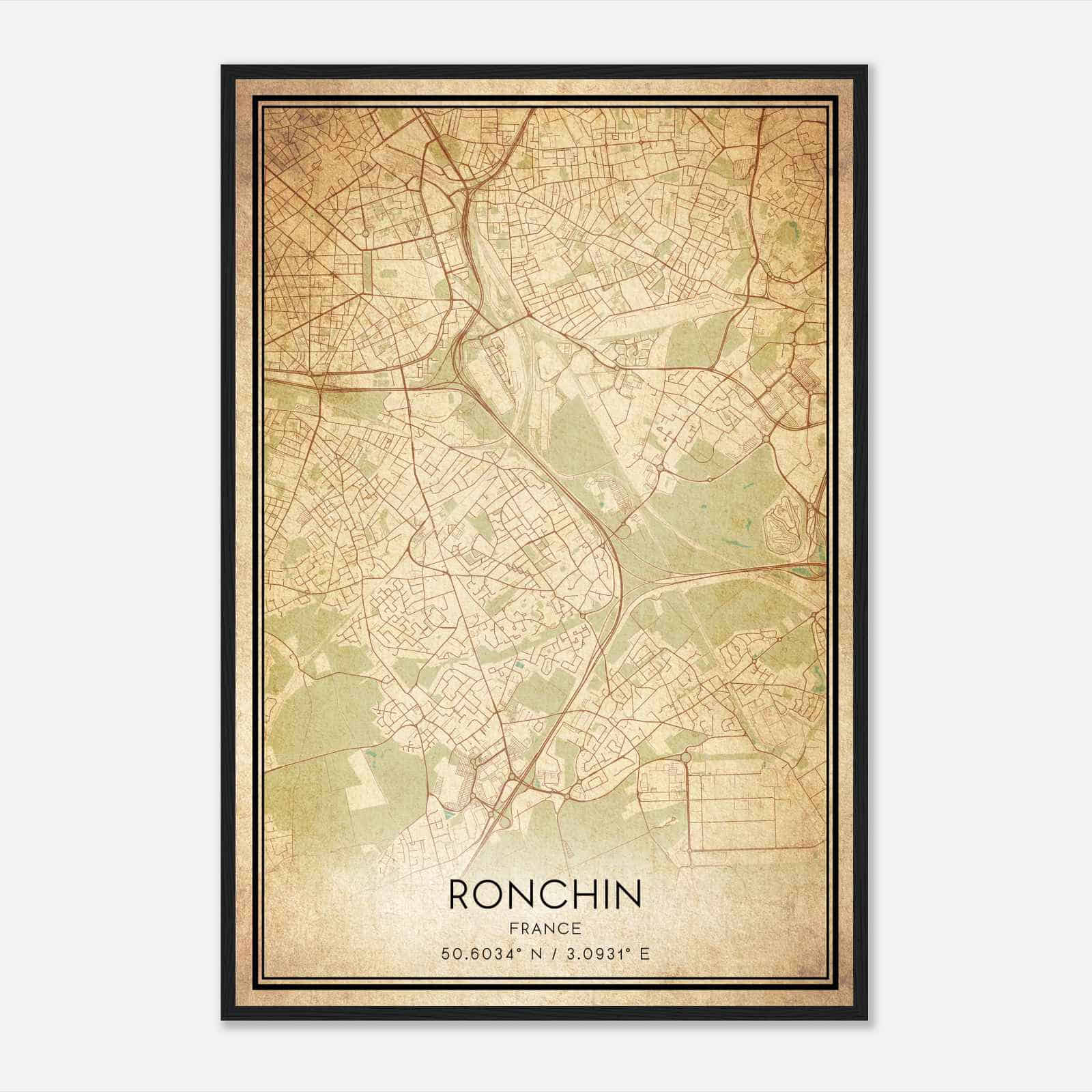 Vintage Ronchin France Map Poster, Ronchin City Road Wall Art Print