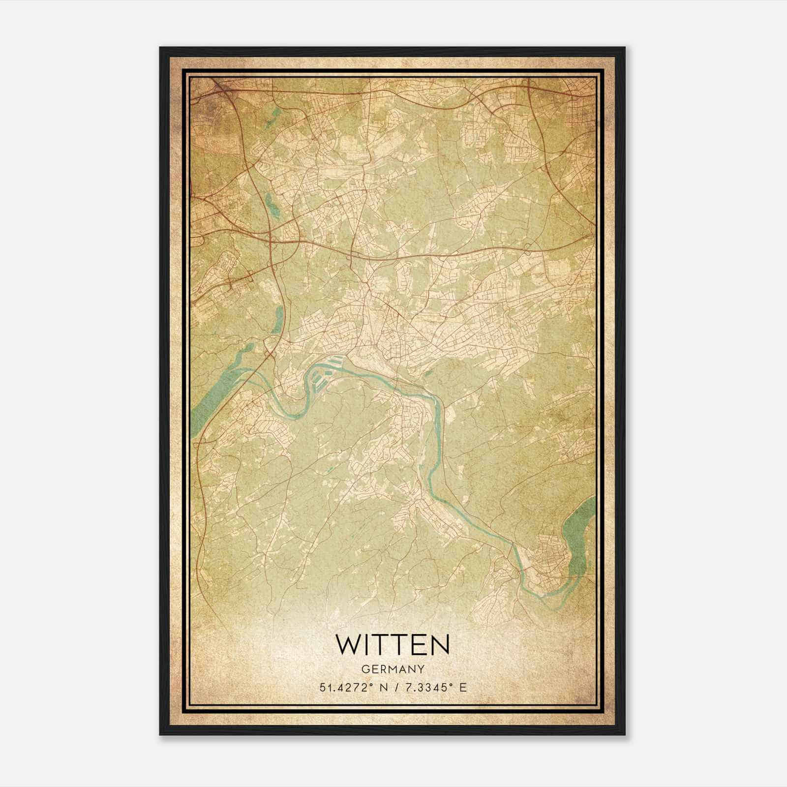 Vintage Witten Germany Map Poster, Witten City Road Wall Art Print
