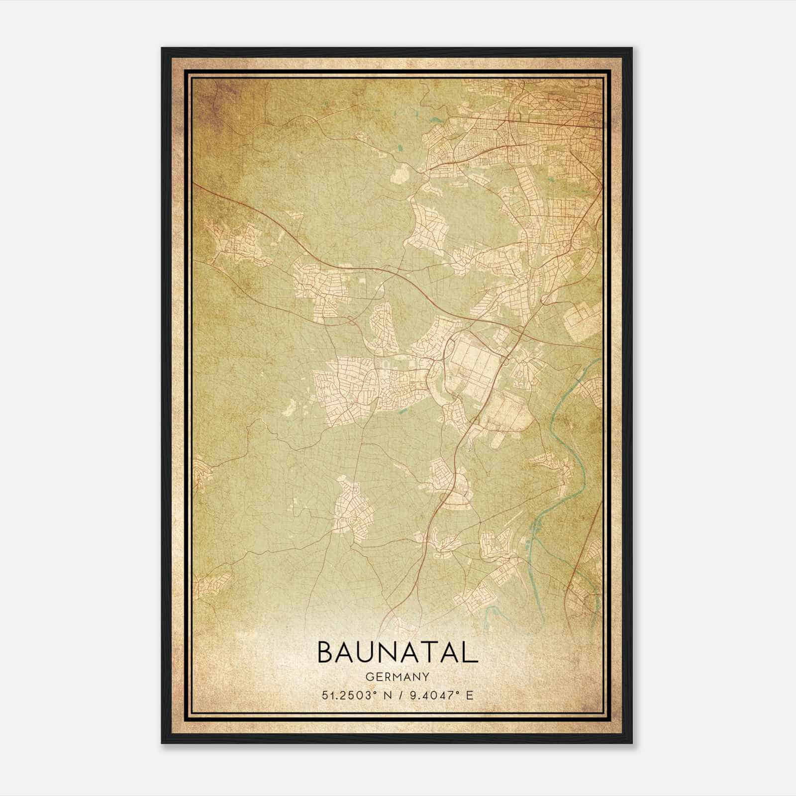 Vintage Baunatal Germany Map Poster, Baunatal City Road Wall Art Print
