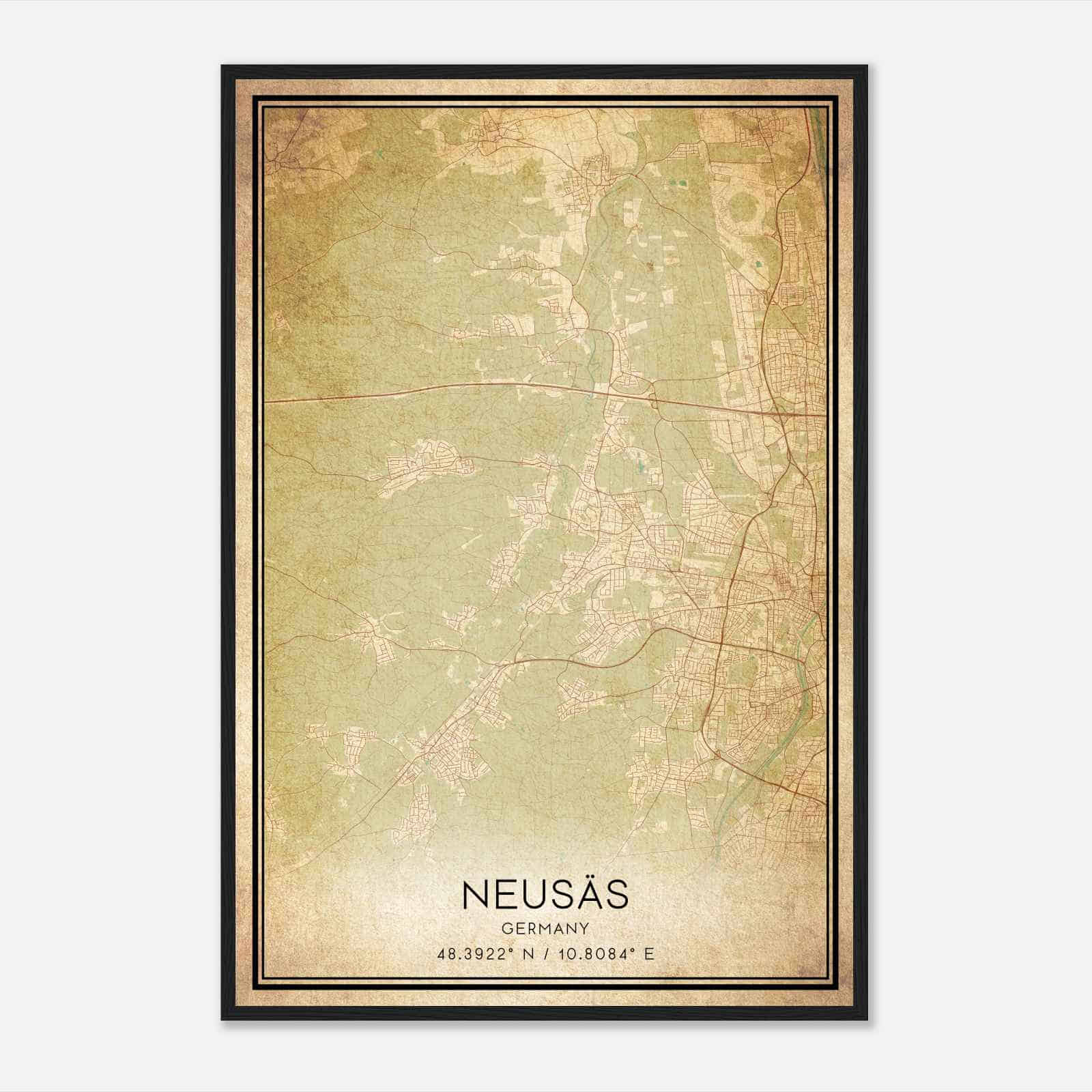 Vintage Neusass Germany Map Poster, Neusass City Road Wall Art Print