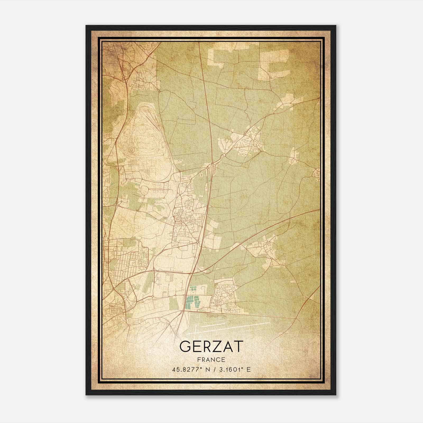 Vintage Gerzat France Map Poster, Gerzat City Road Wall Art Print