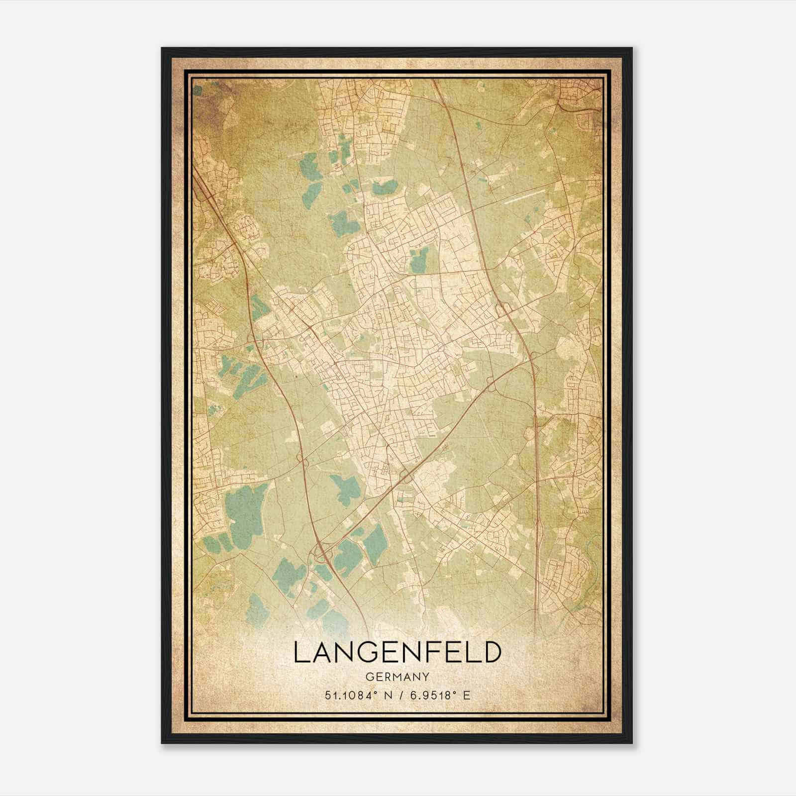 Vintage Langenfeld Germany Map Poster, Langenfeld City Road Wall Art Print