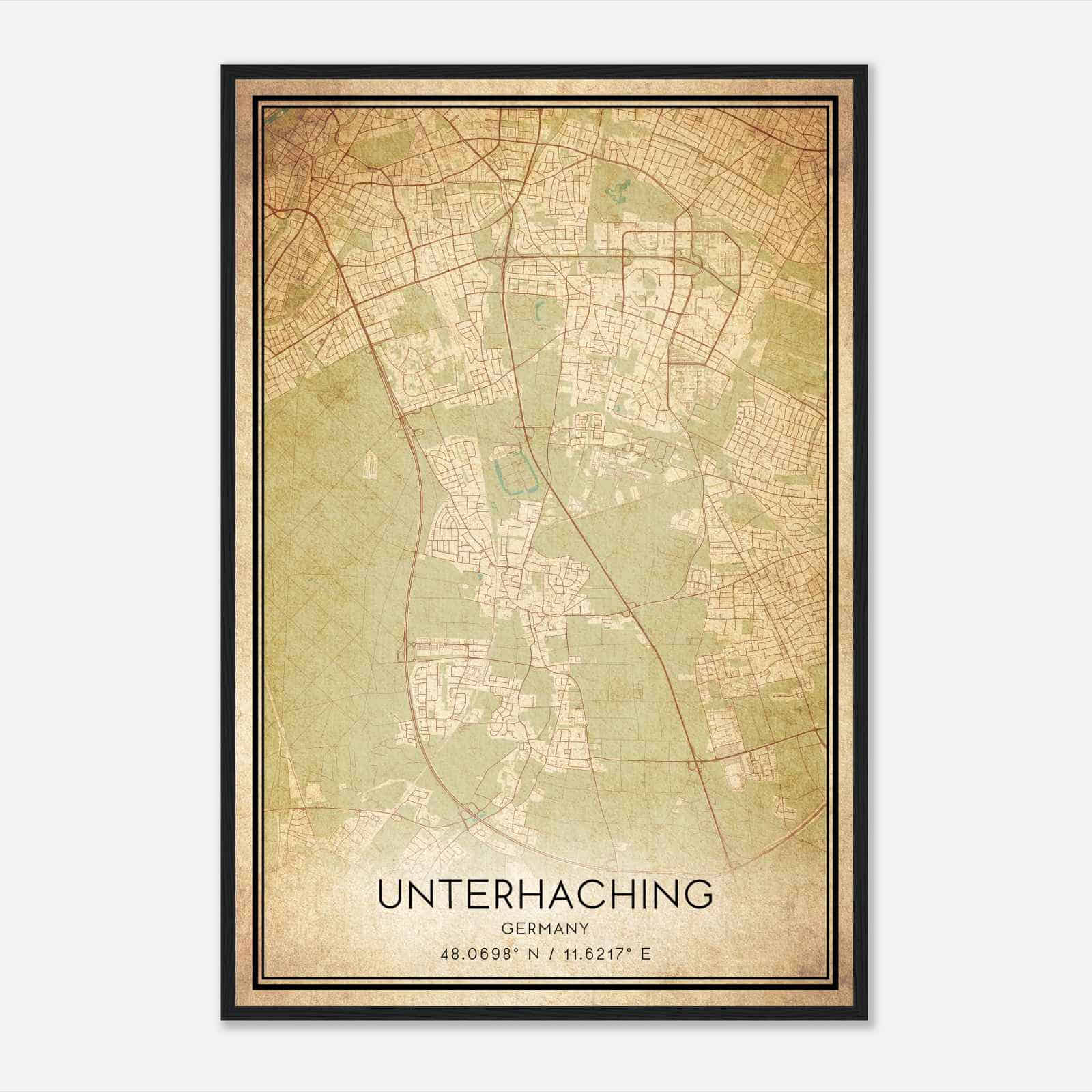 Vintage Unterhaching Germany Map Poster, Unterhaching City Road Wall Art Print