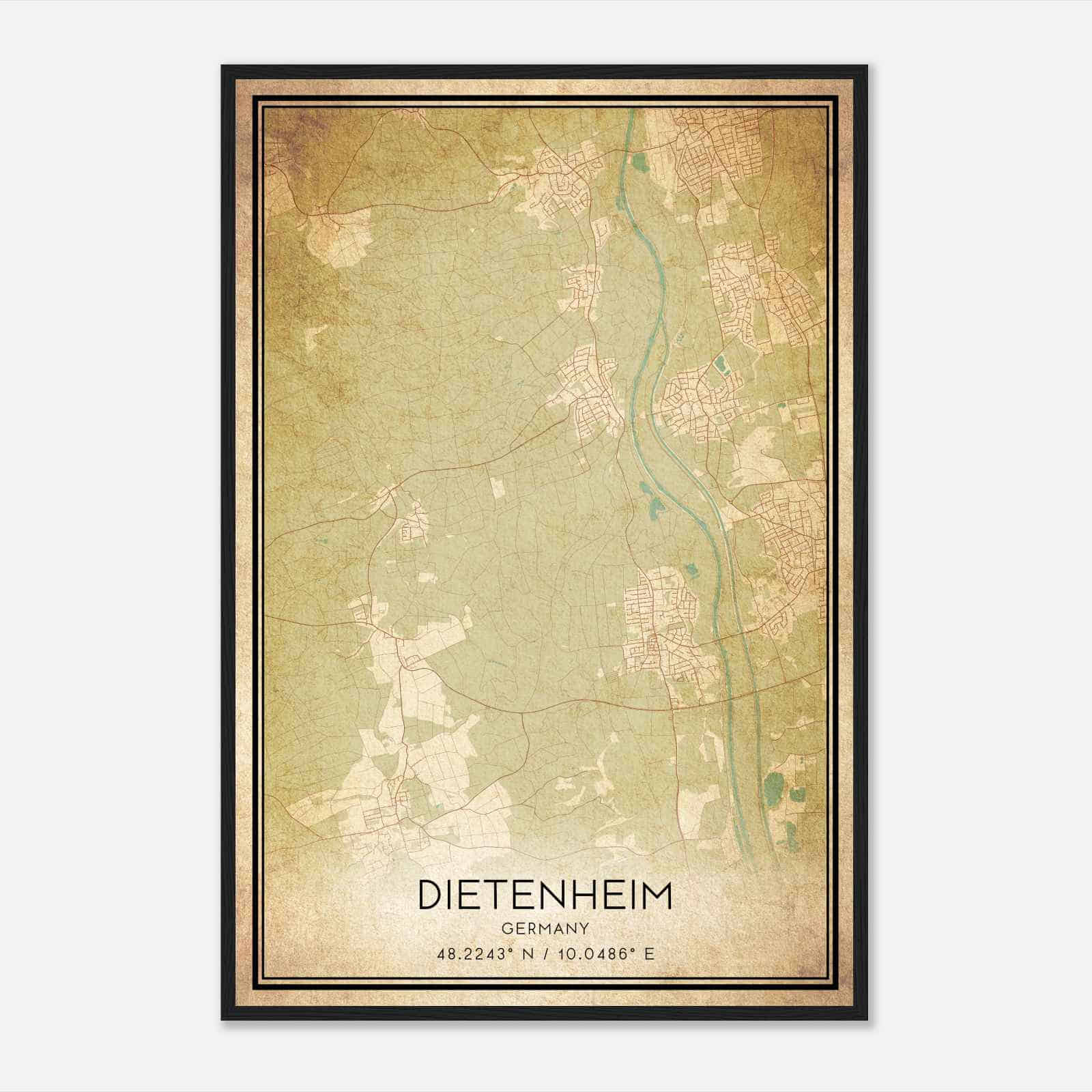 Vintage Dietenheim Germany Map Poster, Dietenheim City Road Wall Art Print