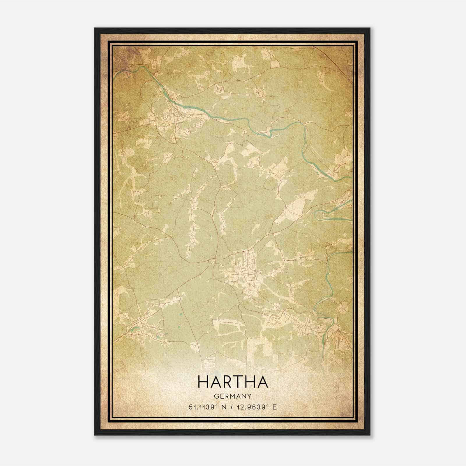 Vintage Hartha Germany Map Poster, Hartha City Road Wall Art Print
